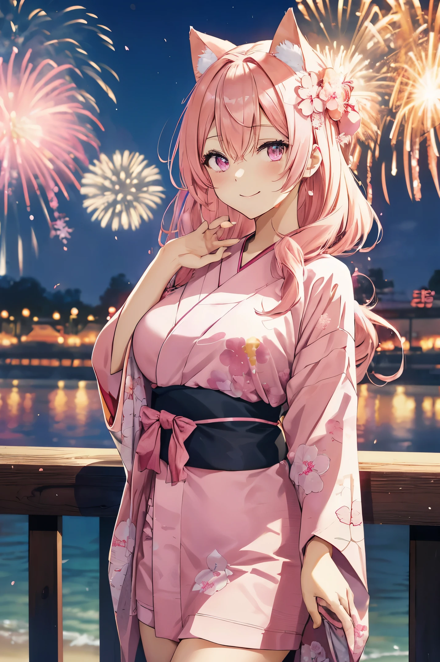 "anime girl, 1 person, pink hair, pink cat ears, pink eyes, kimono, cherry pink kimono, cherry blossom petal pattern on shirt, long stockings, big breasts, festival, New Year's Eve fireworks, watching  fireworks, night, smiled shyly,solo, looking from different directions, standing cross-legged. (full HD 4K+ image)"
