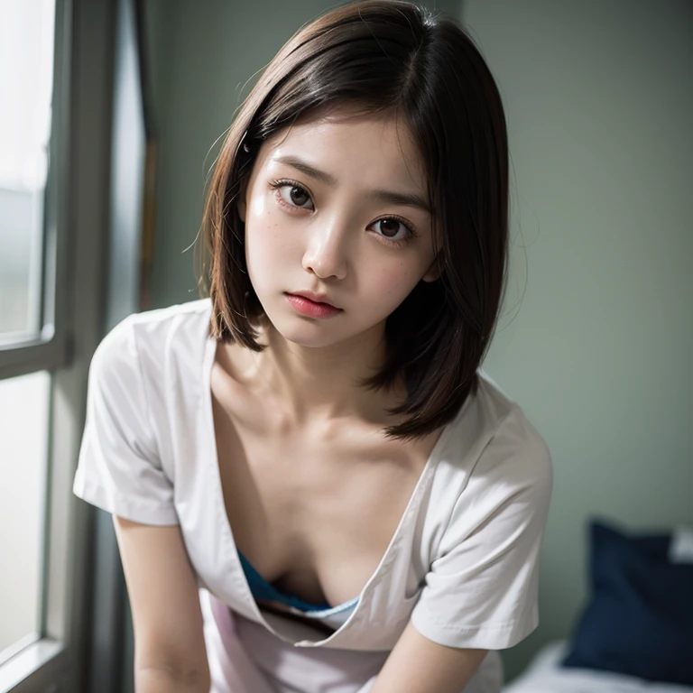 1girl, downblouse, 15yo, munechira, small breasts,  small chest,  looking away,  leaning forward,  expressionless, pale bule nurse, plus detailed bra within, hospital