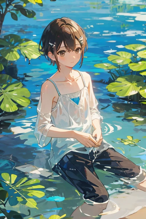 a boy is sitting in the water, wet hair、Collected wet clothes in the southeast.、bare shoulders、colorless hair, short hair, with brown eyes, Clear lake, Hairpin, Hairpin, reflected light, 8K, super detail, high details, high details, best quality