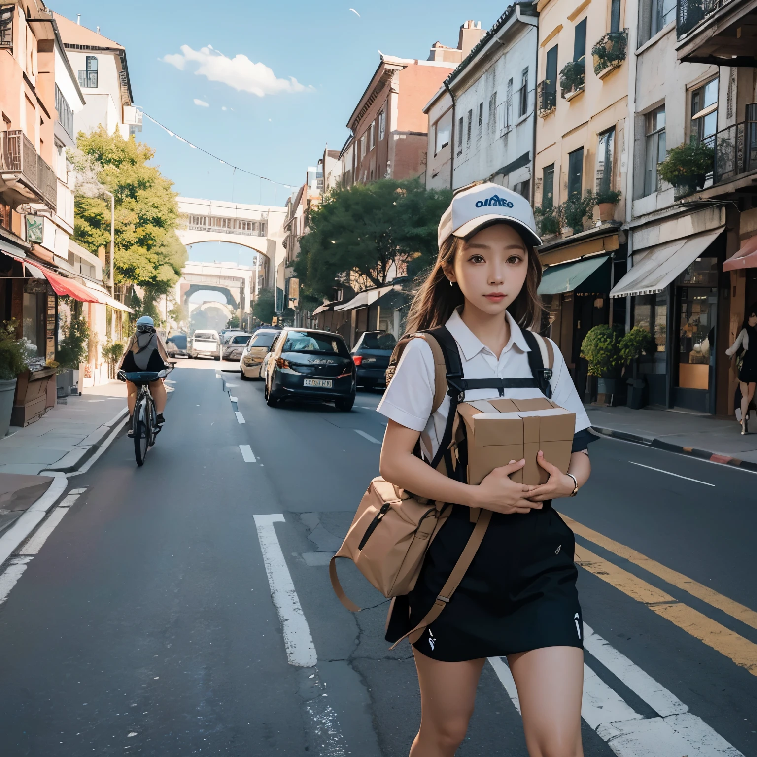 Female courier service, touring, On the way to deliver the courier, on the city street, high detail, 4k, masterpiece.