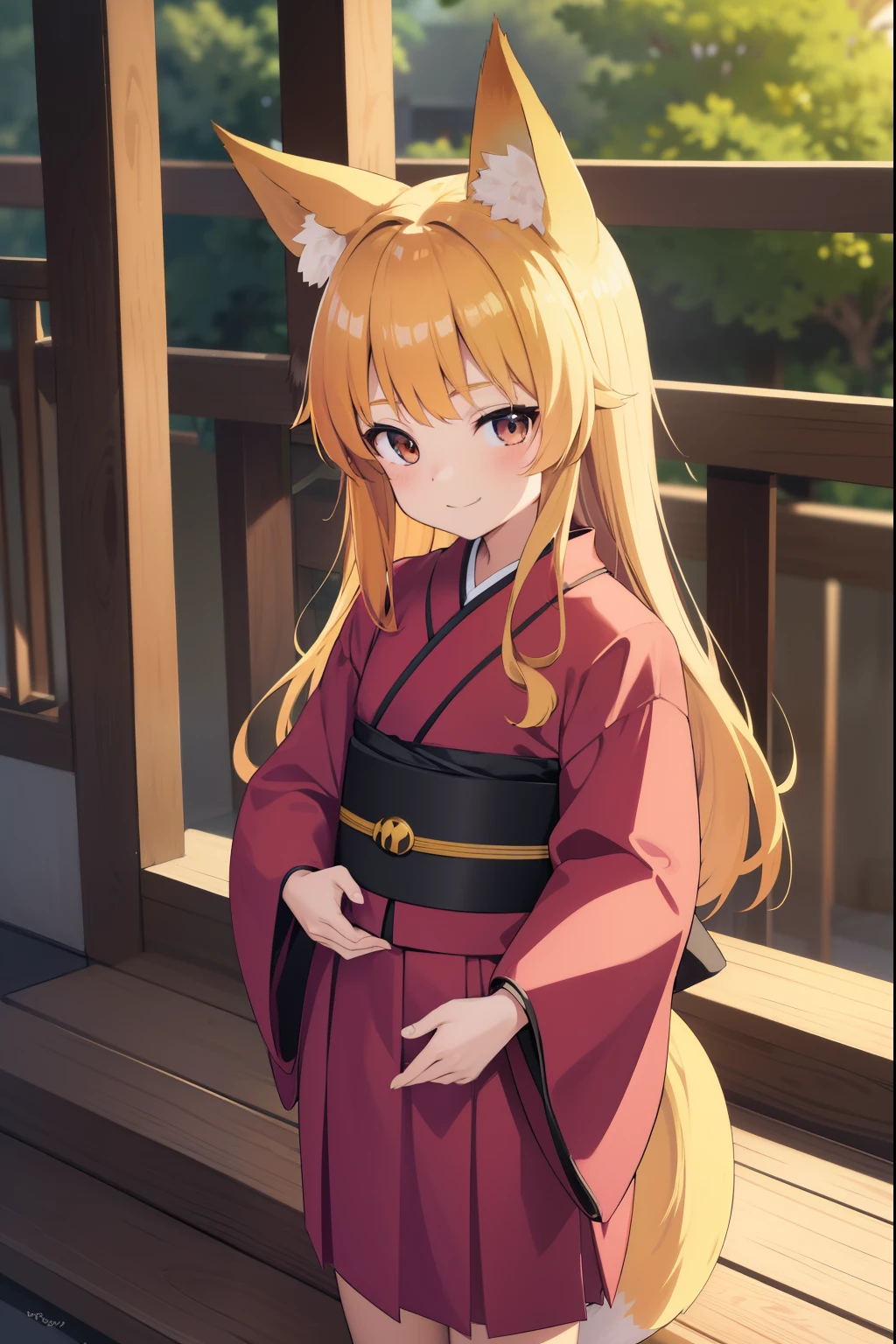 animal ear fluff, animal ears, fox ears, fox girl,キツネのtail, golden hair, tail, kimono,  ((10 :1.2)), ((primary s(infant:1.3)), small breasts, smile, cheeks turn red,  On the porch of the Japanese-style room,
looking at the viewer, 
 highest quality, High resolution, unity 8k wallpaper, (illustration:0.8), perfect lighting,  (perfect hands, perfect anatomy),