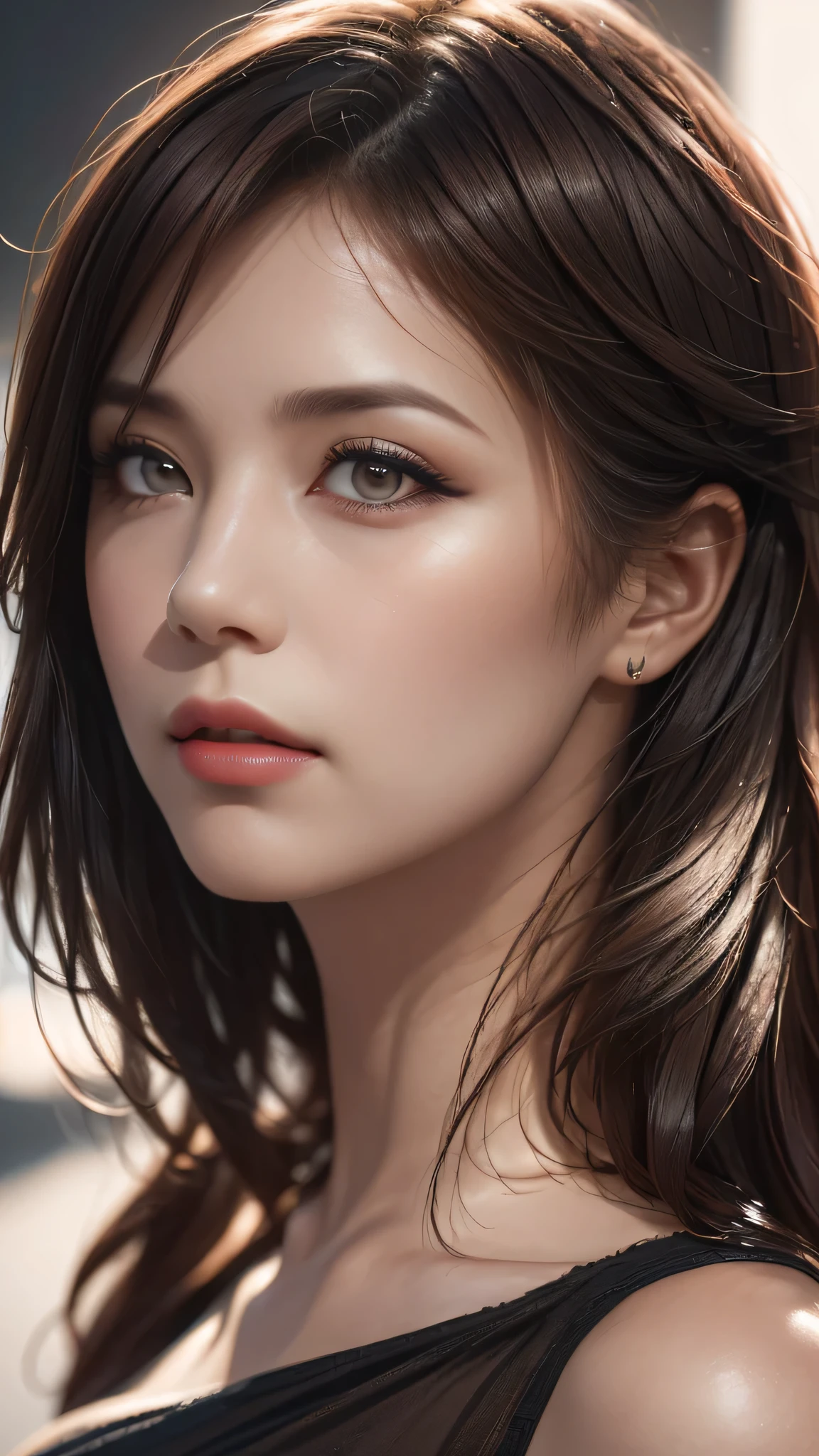 dressed, (photo realistic:1.4), (hyper realistic:1.4), (realistic:1.3), (smoother lighting:1.05), (increase cinematic lighting quality:0.9), 32K, 1girl,20yo girl, realistic lighting, backlighting, light on face, ray trace, (brightening light:1.2), (Increase quality:1.4), (best quality real texture skin:1.4), finely detailed eyes, finely detailed face, finely quality eyes, (tired and sleepy and satisfied:0.0), ((((face closeup)))), bikini, korean girl, (Increase body line mood:1.1), (Increase skin texture beauty:1.1), (light makeup, [pink lipstick], eyeliner), [Brown eyes], (dark medium (hair slicked to the two side), extremely detailed), with a perfect body, super fine face