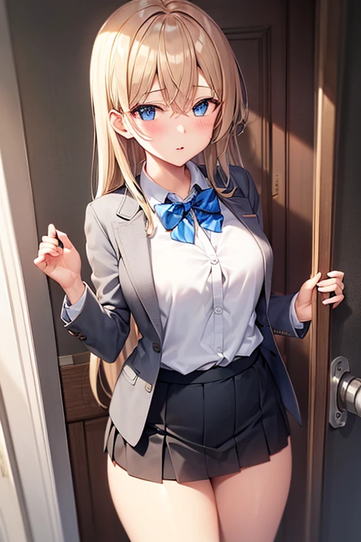 Arya, 1 girl, alone, long hair, blue eyes, Ahoge, bow, view viewer, 赤いbow, Suit jacket, bow, long sleeve, chest, shirt, Open jacket, red bow tie, door, cowboy shot, shirt de gola, internal, school uniform, gray hair, Are standing, open clothes, skirt, stripe, dress, Grey jacket, ブラックdress, blush, skirt plissada, Separated lips, medium breasts, プリーツdress, shirt branca, hair between eyes, white jacket, raise your hand, blazer, 黒ののskirt, thighs, Opened by, runner