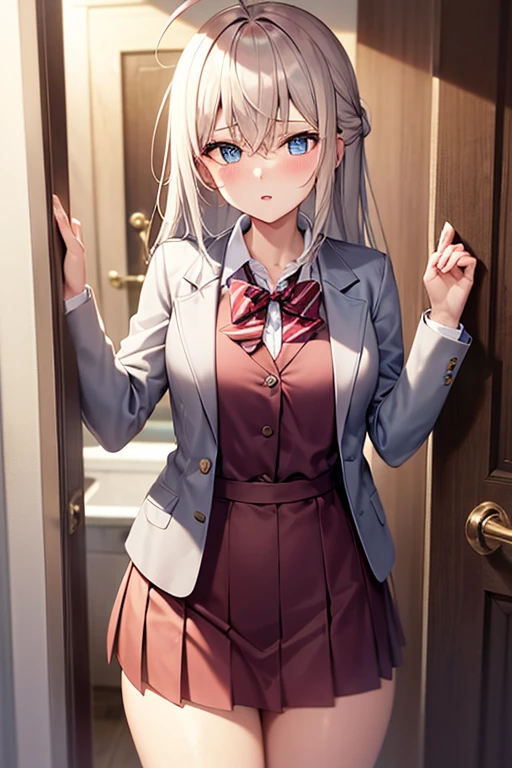 Arya, 1 girl, alone, long hair, blue eyes, Ahoge, bow, view viewer, 赤いbow, Suit jacket, bow, long sleeve, chest, shirt, Open jacket, red bow tie, door, cowboy shot, shirt de gola, internal, school uniform, gray hair, Are standing, open clothes, skirt, stripe, dress, Grey jacket, ブラックdress, blush, skirt plissada, Separated lips, medium breasts, プリーツdress, shirt branca, hair between eyes, white jacket, raise your hand, blazer, 黒ののskirt, thighs, Opened by, runner