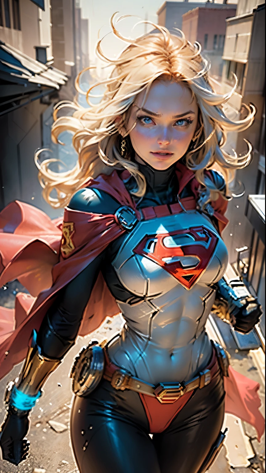 best quality,4k,8k,highres,masterpiece:1.2,ultra-detailed,(realistic,photorealistic,photo-realistic:1.37), illustration, cartoon, Super Girl character,1girl,white background, vibrant colors, crisp lines, playful, energetic, comic book style, dynamic pose, action-packed, stylish costume, sparkling eyes, endearing smile, flowing cape, superpowers, city skyline, protecting the city, emblem on chest, adventure, noble and brave, heroic expression, attention to facial features, bold color palette, attention-grabbing design, attention to details, lively atmosphere, exciting movement, expressive gestures, cool special effects, The girl soars through the sky, looking down over the entire city. Her red cape billows in the wind, and the sun creates a golden halo around her. The symbol of Supergirl shines proudly on her chest, and her blue eyes are vigilant, scanning for any danger that might threaten the city.