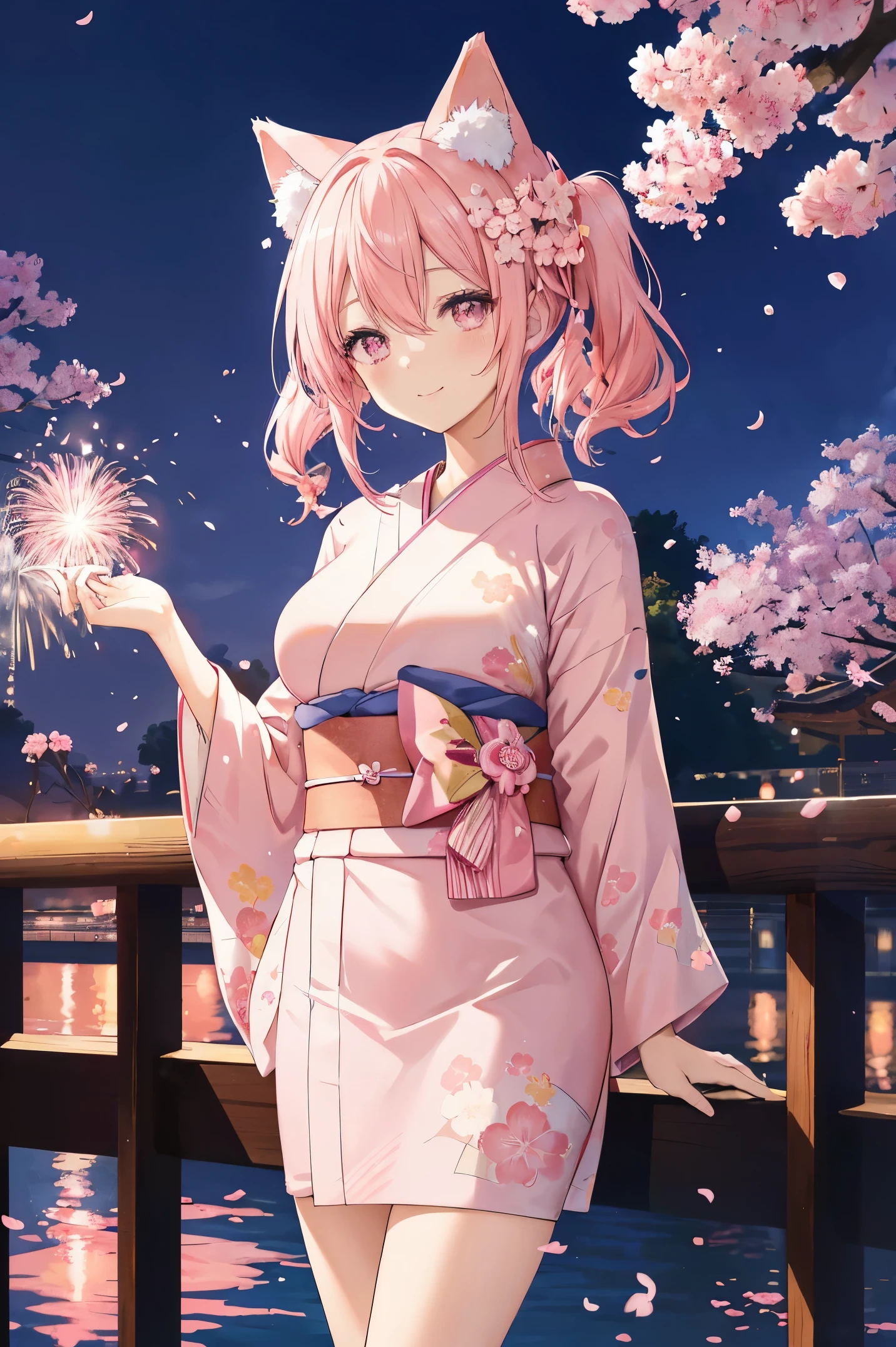 "anime girl, 1 person, pink hair, pink cat ears, pink eyes, kimono, cherry pink kimono, cherry blossom petal pattern on shirt, long stockings, big breasts, festival, New Year's Eve fireworks, watching fireworks, night, smiled shyly,solo, looking from different directions, standing cross-legged. (full HD 4K+ image)"