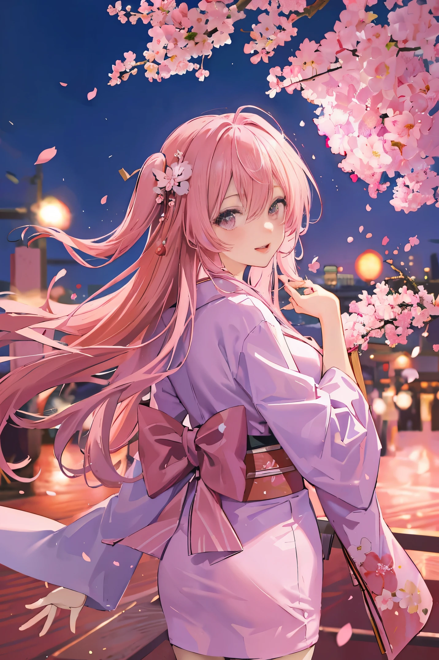 "anime girl, 1 person, pink hair, pink cat ears, pink eyes, kimono, cherry pink kimono, cherry blossom petal pattern on shirt, long stockings, big breasts, festival, New Year's Eve fireworks, watching  fireworks, night, smiled shyly,solo, looking from different directions, standing cross-legged. (full HD 4K+ image)"