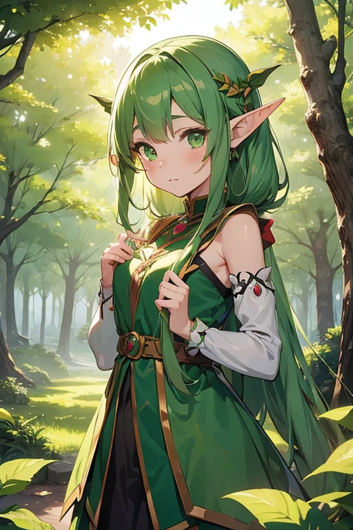 Anime girl with green eyes, elf girl, official character art, shadow universe style, elf girl in flower clothes, art style of Rune Factory 5, official art, goblin queen of summer forest, druid, she has elf ears and green eyes, high detail official artwork, official character illustration, colored line art