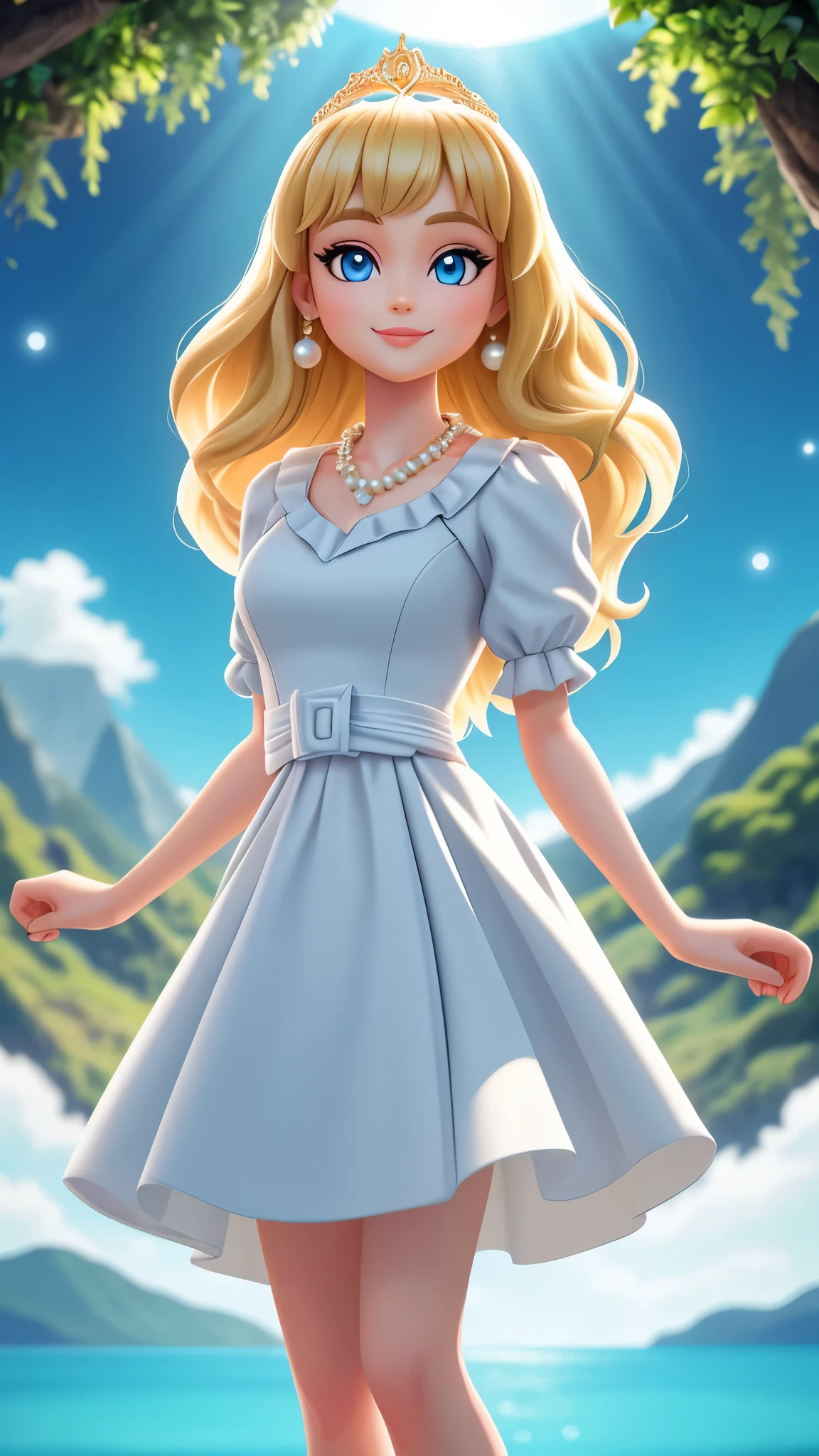 blond Barbie princess standing, Delicate detailed face, animated, detailed white skin texture, long golden hair, adorable, Clean, soft smile, glowing blue eyes, blue colored pupil, white dress, luxurious tiara, gloss, fresh flowers, landscape, ocean, mountains, pine forest, centered golden frame, center, necklaces, pearls, Disney style, high resolution, official art, unreal-engine, high dynamic range, OctaneRender, render, cinema4d, sun ray, porcelaine, looking at viewer, depth of field, from below, masterpiece, 8K, best quality, anatomically correct