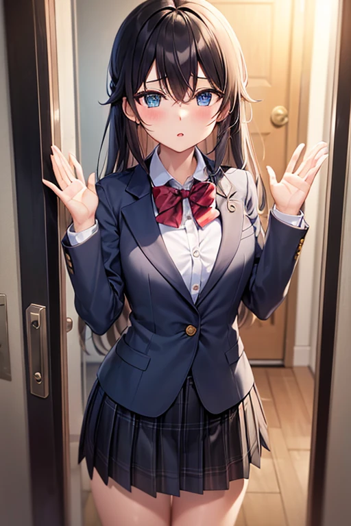 Arya, 1 girl, alone, long hair, blue eyes, Ahoge, bow, view viewer, 赤いbow, Suit jacket, bow, long sleeve, chest, shirt, Open jacket, red bow tie, door, cowboy shot, shirt de gola, internal, school uniform, gray hair, Are standing, open clothes, skirt, stripe, dress, Grey jacket, ブラックdress, blush, skirt plissada, Separated lips, medium breasts, プリーツdress, shirt branca, hair between eyes, white jacket, raise your hand, blazer, 黒ののskirt, thighs, Opened by, runner、thighsに射精