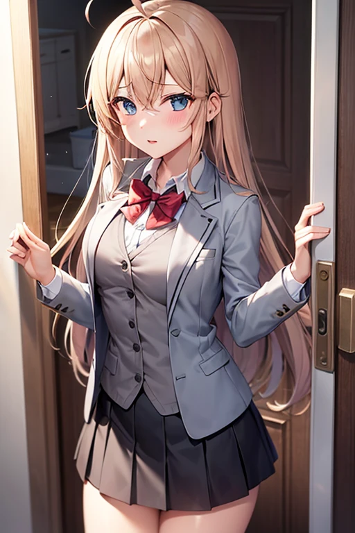 Arya, 1 girl, alone, long hair, blue eyes, Ahoge, bow, view viewer, 赤いbow, Suit jacket, bow, long sleeve, chest, shirt, Open jacket, red bow tie, door, cowboy shot, shirt de gola, internal, school uniform, gray hair, Are standing, open clothes, skirt, stripe, dress, Grey jacket, ブラックdress, blush, skirt plissada, Separated lips, medium breasts, プリーツdress, shirt branca, hair between eyes, white jacket, raise your hand, blazer, 黒ののskirt, thighs, Opened by, runner、thighsに射精