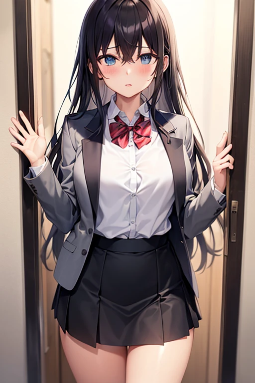 Arya, 1 girl, alone, long hair, blue eyes, Ahoge, bow, view viewer, 赤いbow, Suit jacket, bow, long sleeve, chest, shirt, Open jacket, red bow tie, door, cowboy shot, shirt de gola, internal, school uniform, gray hair, Are standing, open clothes, skirt, stripe, dress, Grey jacket, ブラックdress, blush, skirt plissada, Separated lips, medium breasts, プリーツdress, shirt branca, hair between eyes, white jacket, raise your hand, blazer, 黒ののskirt, thighs, Opened by, runner、thighsに射精