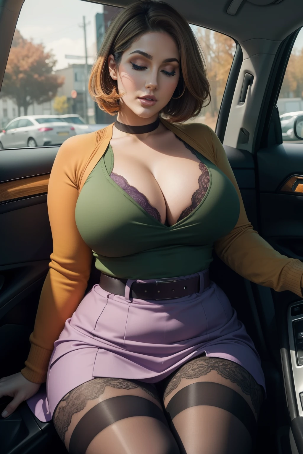 Lucy Pinder, ((VERY INTENSE MAKEUP)), sexy woman, voluptuous, cleavage, (Adele), chubby woman, lace, orange hair, short hair, green tie, long sleeve t-shirt, purple t-shirt, pink belt, purple skirt, pantyhose in tights, ((eyes closed)), ((mouth wide open)), sitting in a car.