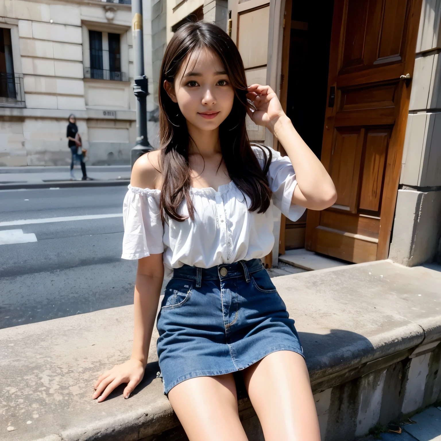 1 girl,(black hair medium long)(beautiful hair), actress, smile, shiny skin, highest quality, masterpiece, (realistic:1.4), Terrace seats, ue, France, Paris, denim mini skirt (realistic fabric), white short sleeves (Cotton fabric), (No logo), thin fingers