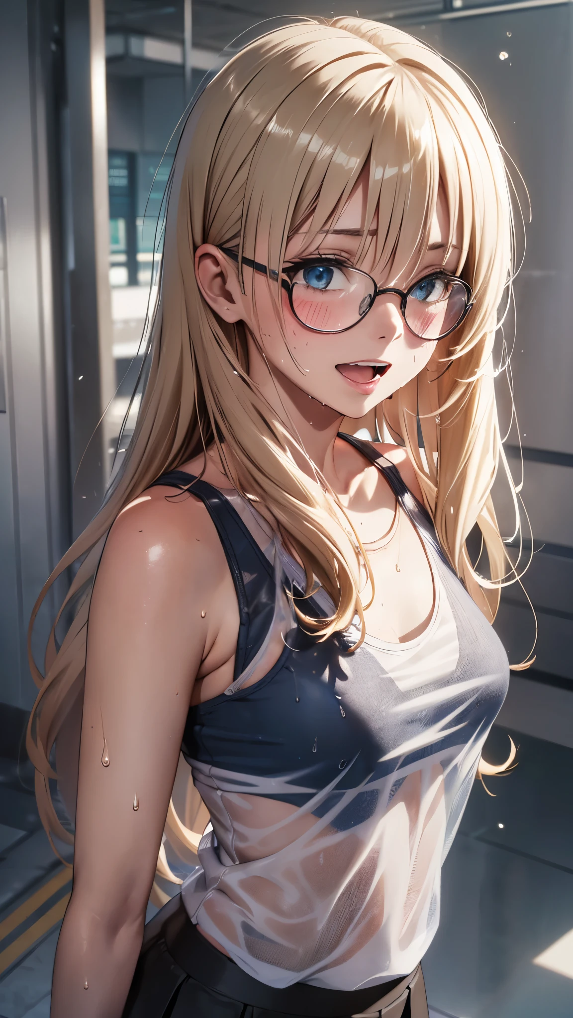 1 female,golden hair,25 years old,(((Blue shiny micro tight skirt)))((white tank top))(((blush cheeks、open mouth smile)),(((straight hair))),(((Portrait))),crowd,,((wet with sweat))(Sexy black bra with see-through tank top)(glasses)(((small breasts)))