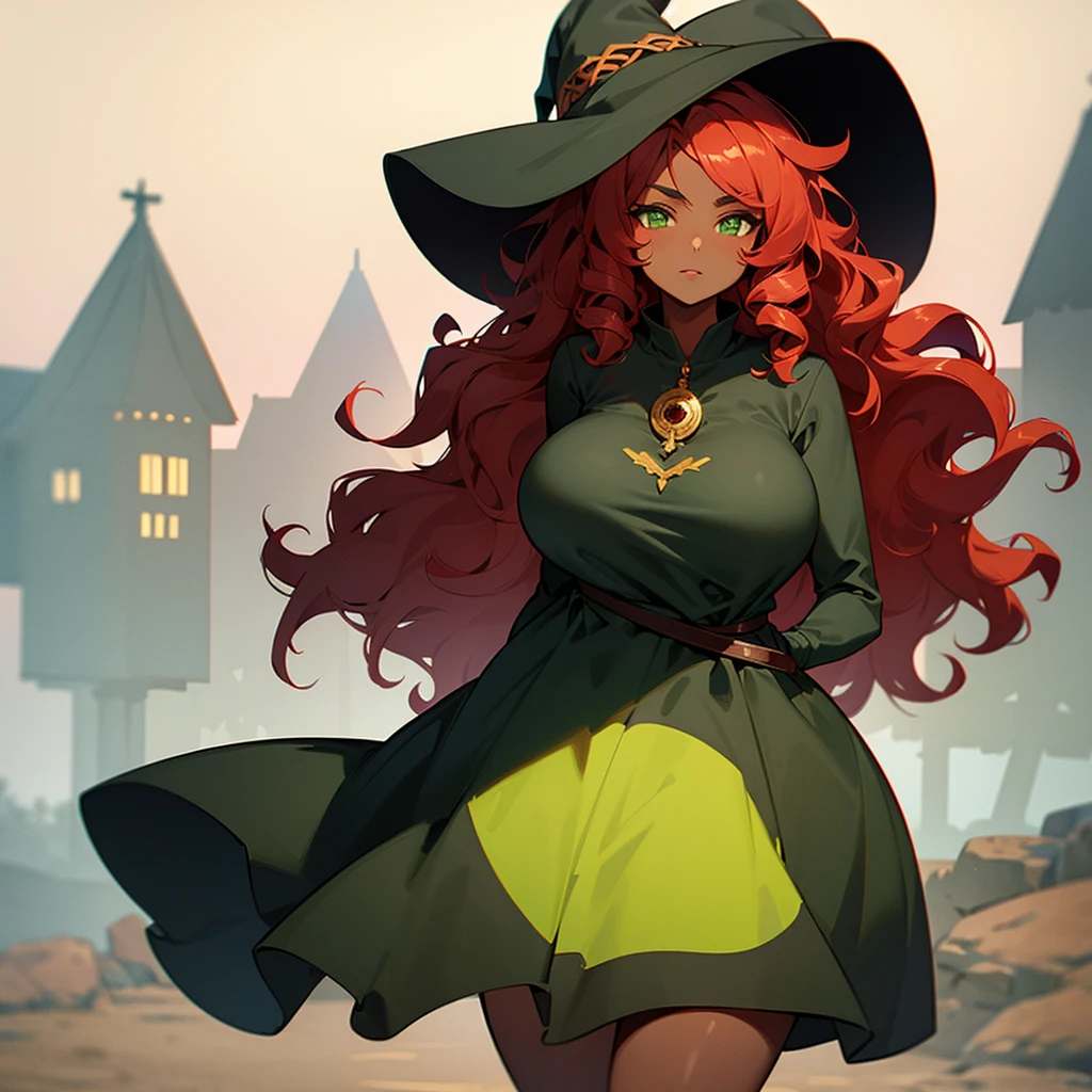 (((Dark Skin Woman))),(((Wearing a cottage style dress))),(((wearing a witch's hat))),(((Red wavy hair))),(((Lime green eyes))),(((Curvy body))),(((Alone)))