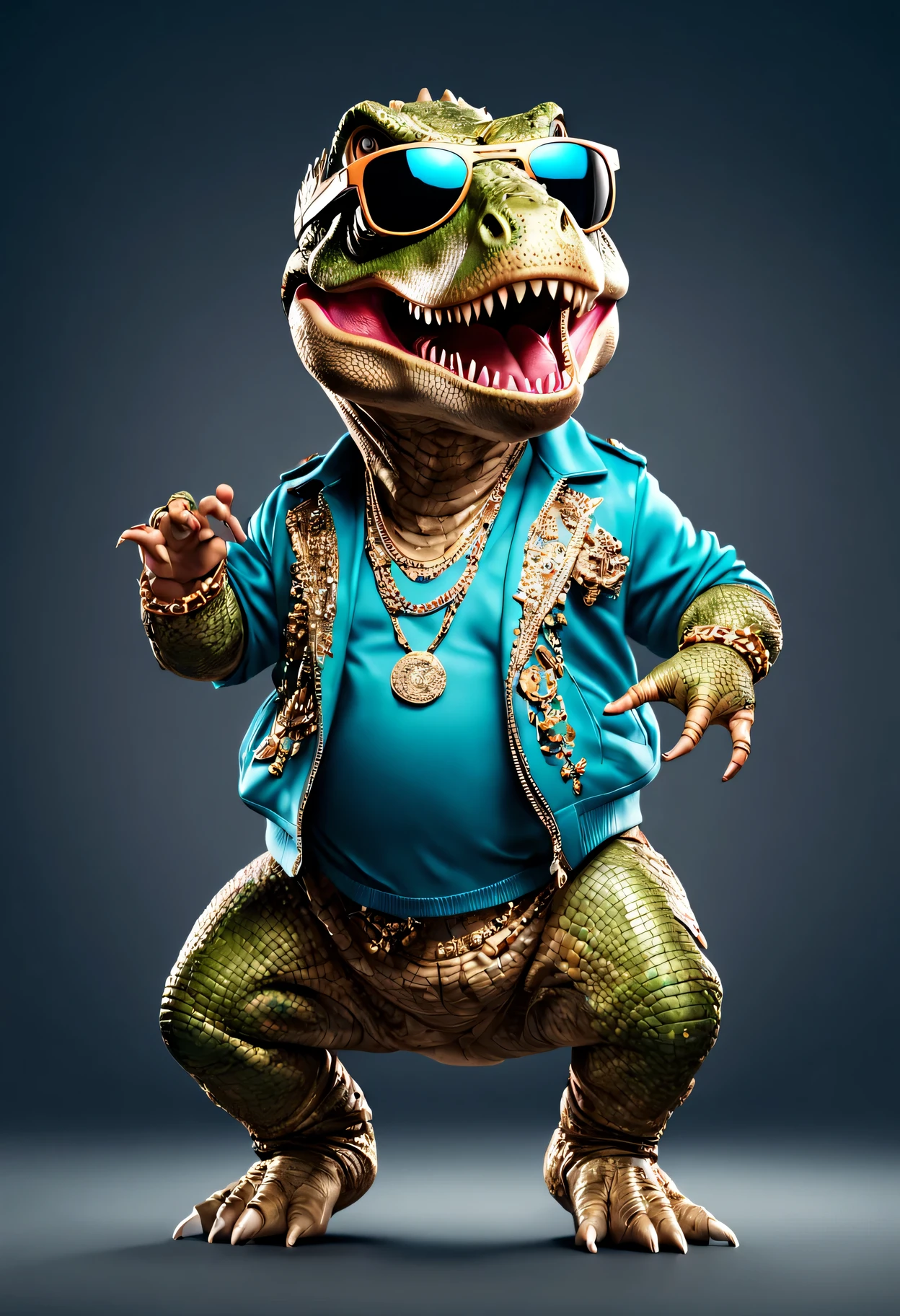 photorealistic portrait of Dressed animals - a fat t-rex hip hop dancer,(hip hop dancing dynamic action pose), high quality,(lovely) ,intricate details, highly detailed ((hip hop fashion)) ,highly detailed decorations, wearing sunglasses, (happy), studio lighting,(full body image:1.5)