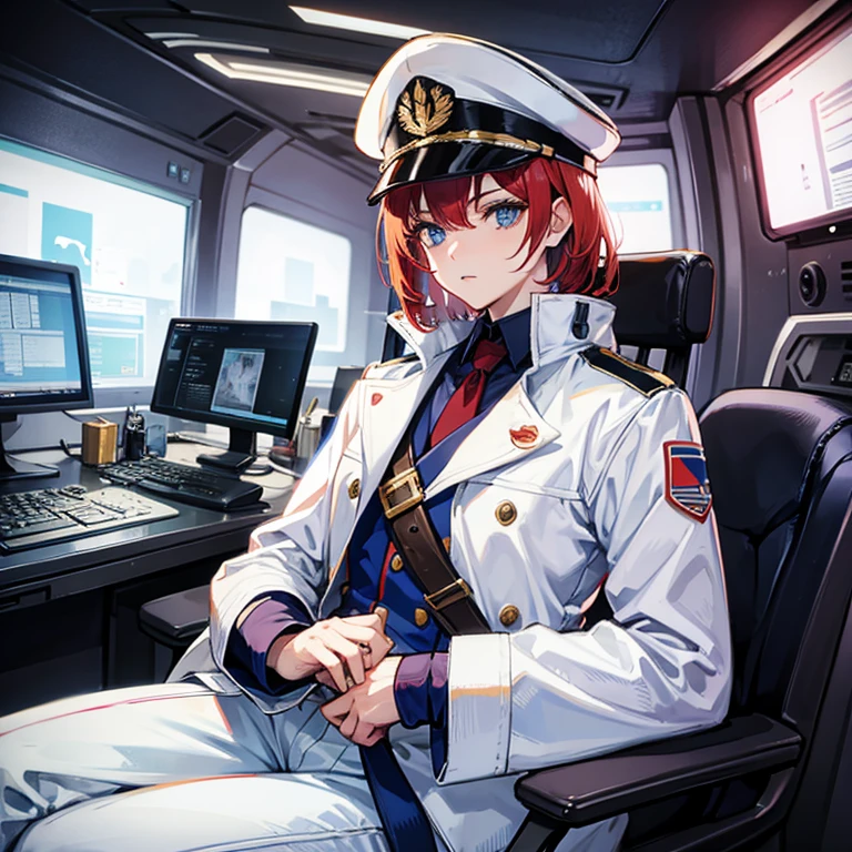 （（（masterpiece、Highest image quality、highest quality、highly detailed unity 8ｋwallpaper）））、（Illustration of one woman）、30 years old、（Viceroy）、（（Red-haired shorthair））、（Thin hair hanging down both sides of the face）、blue eyes、（（tall））、（（Muscle Woman、stocky build、muscular legs、broad shoulders、solid chest））、（（Military uniforms））、（（Military Cap））、（（Military coat））、（white clothes）、（White pants）、（white hat）、trench coat、、（（（manspreading、Sitting in the captain's seat）））、（（（Inside a futuristic spaceship、Surrounded by instruments and monitors、The Universe on the Monitor、Earth seen from space）））