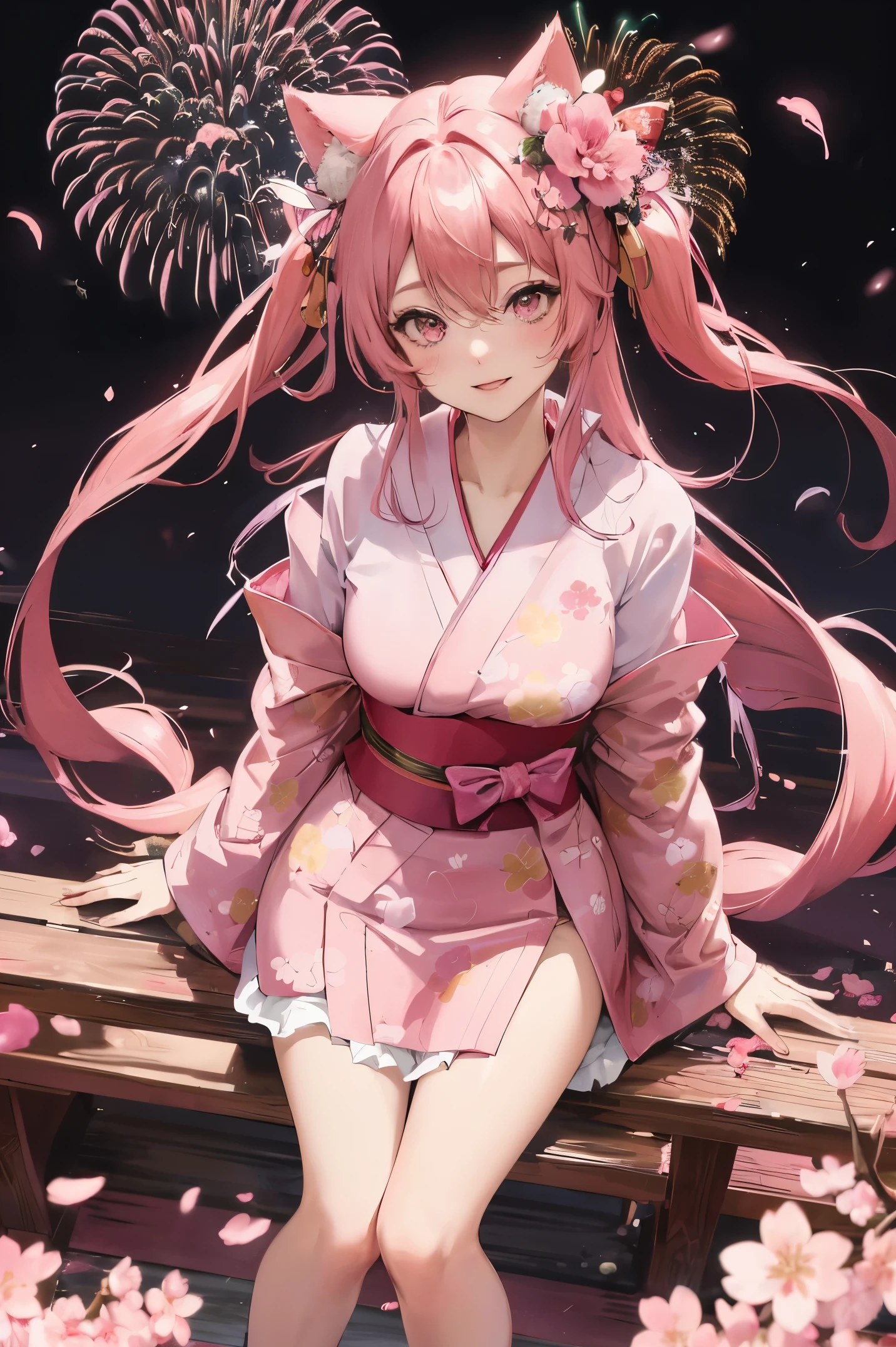 "anime girl, 1 person, pink hair, pink cat ears, pink eyes, kimono, cherry pink kimono, cherry blossom petal pattern on shirt, long stockings, big breasts, festival, New Year's Eve fireworks, watching fireworks, night, smiled shyly,solo, standing cross-legged. (full HD 4K+ image)"