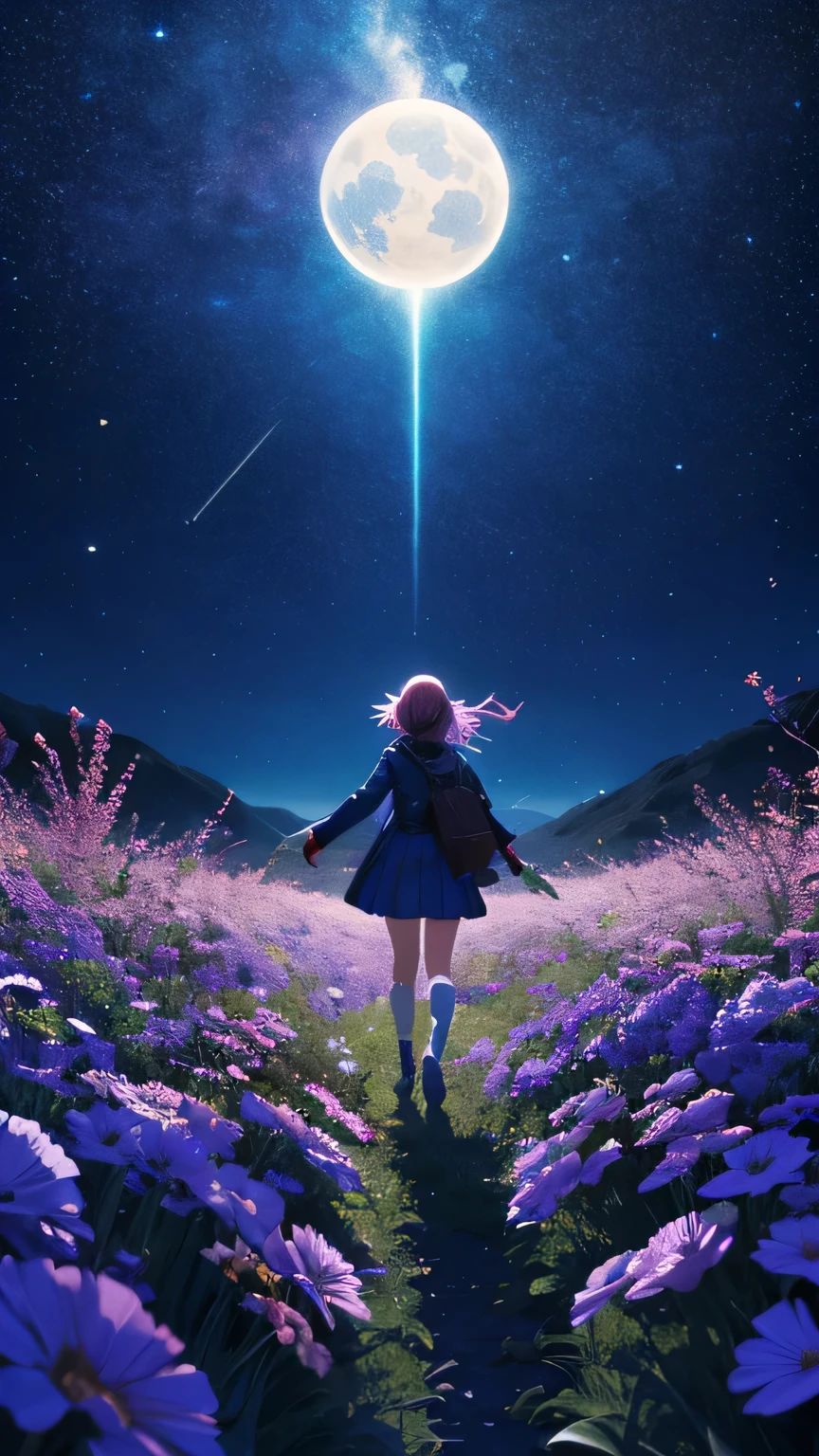 anime opening,(1girl),solo,a dreamscape aesthetic in Cobalt blue theme atmosphere,mosaic background,happy,floral,(wallpaper style),movie trailer,cinematic,screencap,still shot,true perception,comfortable,全身像,星空下
