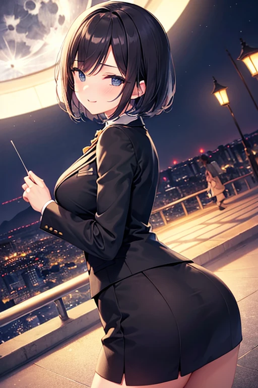 (masterpiece, highest quality), High resolution, (illustration: 1.3), Butt up,1 girl, 35 years old, mature woman, (cute:1.3), medium breasts, Black Bob Cut, (wink:1.3), Salaryman Suit, mini skirt, tokyo street, night, moonlight, cowboy shot