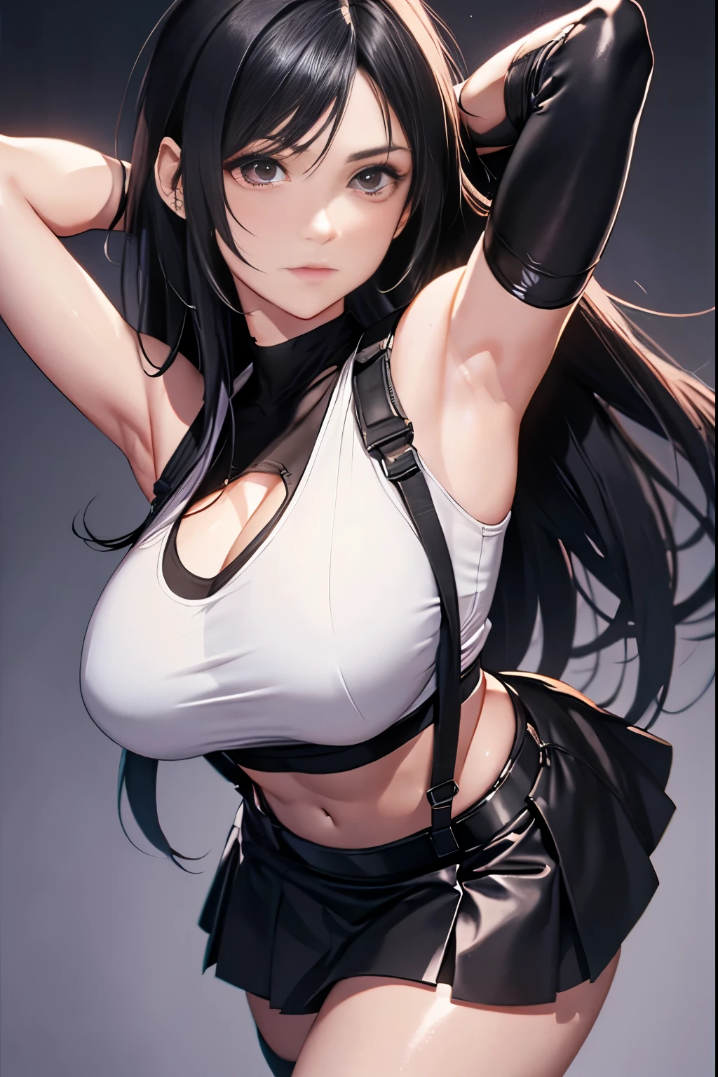 8k,masterpiece, bset quality,big, (1 girl), tifa lockhart, red_eyes, black hair, long hair, professional lighting, (shiny skin: 1.2), shiny big, ((best quality)), sharp focus: 1.2, highly detailed face and skin texture, detailed eyes, perfect face, perfect body, blur art, cg, background, Big breasts, presence (20yo, mature cool and beautiful face), wearing ((suspender black skirt), black elbow gloves, white taut shirt, thigh, white tank top), blush, (mittgal), random pose, top view,