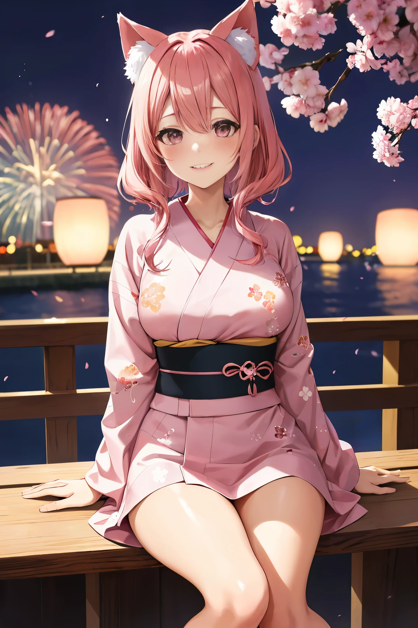 "anime girl, 1 person, pink hair, pink cat ears, pink eyes, kimono, cherry pink kimono, cherry blossom petal pattern on shirt, long stockings, big breasts, festival, New Year's Eve fireworks, watching  fireworks, night, smiled shyly,solo, looking from different directions, standing cross-legged. (full HD 4K+ image)"