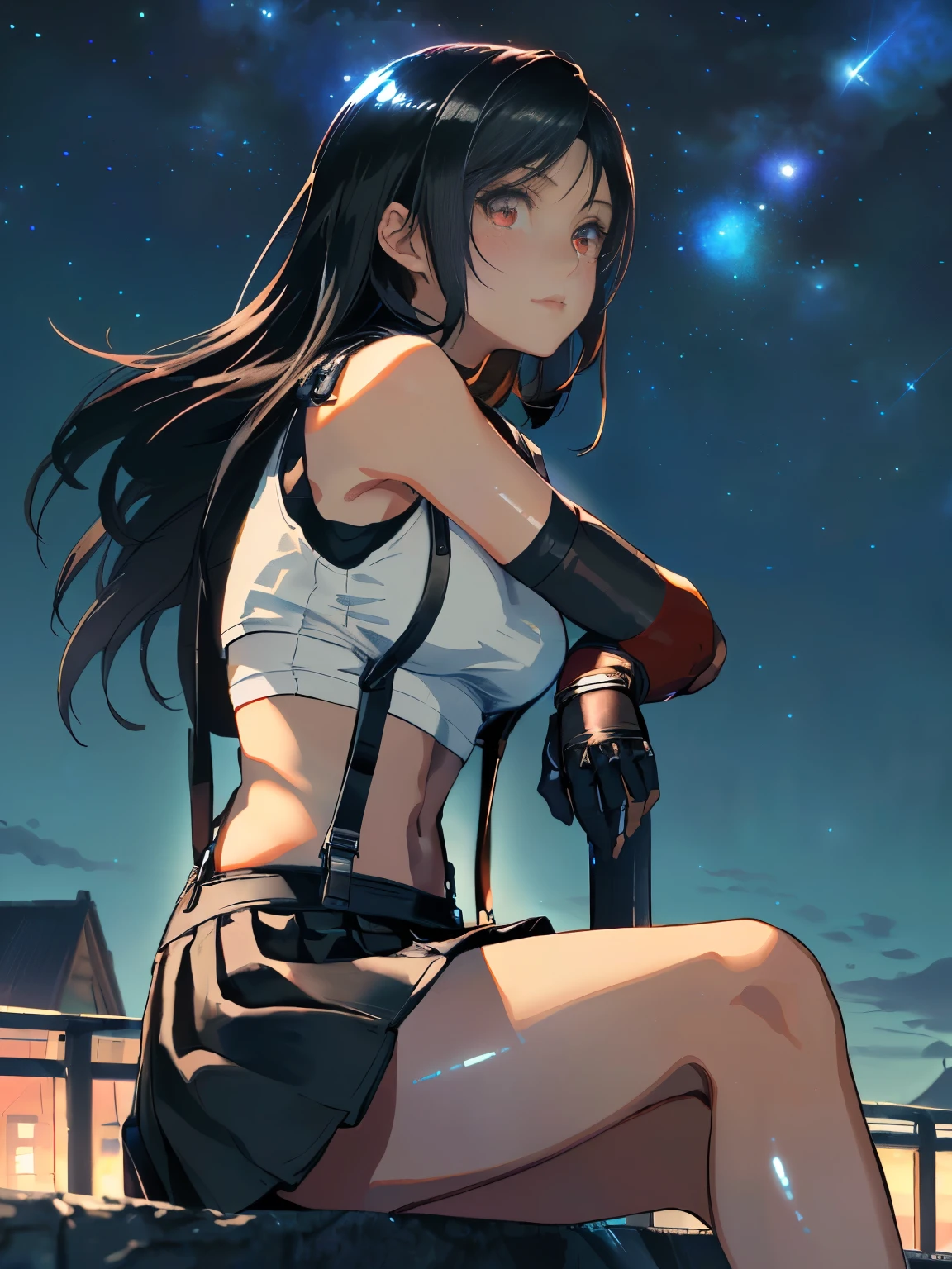 8k,masterpiece, bset quality,big, (1 girl), tifa lockhart, red_eyes, black hair, long hair, (shiny skin: 1.2), shiny big, (((best quality)), crisp focus: 1.2, highly detailed face and skin texture, detailed eyes, perfect face, perfect body, art, cg, blur background, big with presence, 20yo, mature cool and beautiful face, wearing ((suspender black skirt), black elbow gloves, white taut shirt, thigh, white tank top), blushing, lively pose, (mittgal), sitting and looking at night sky, looking up, side view,