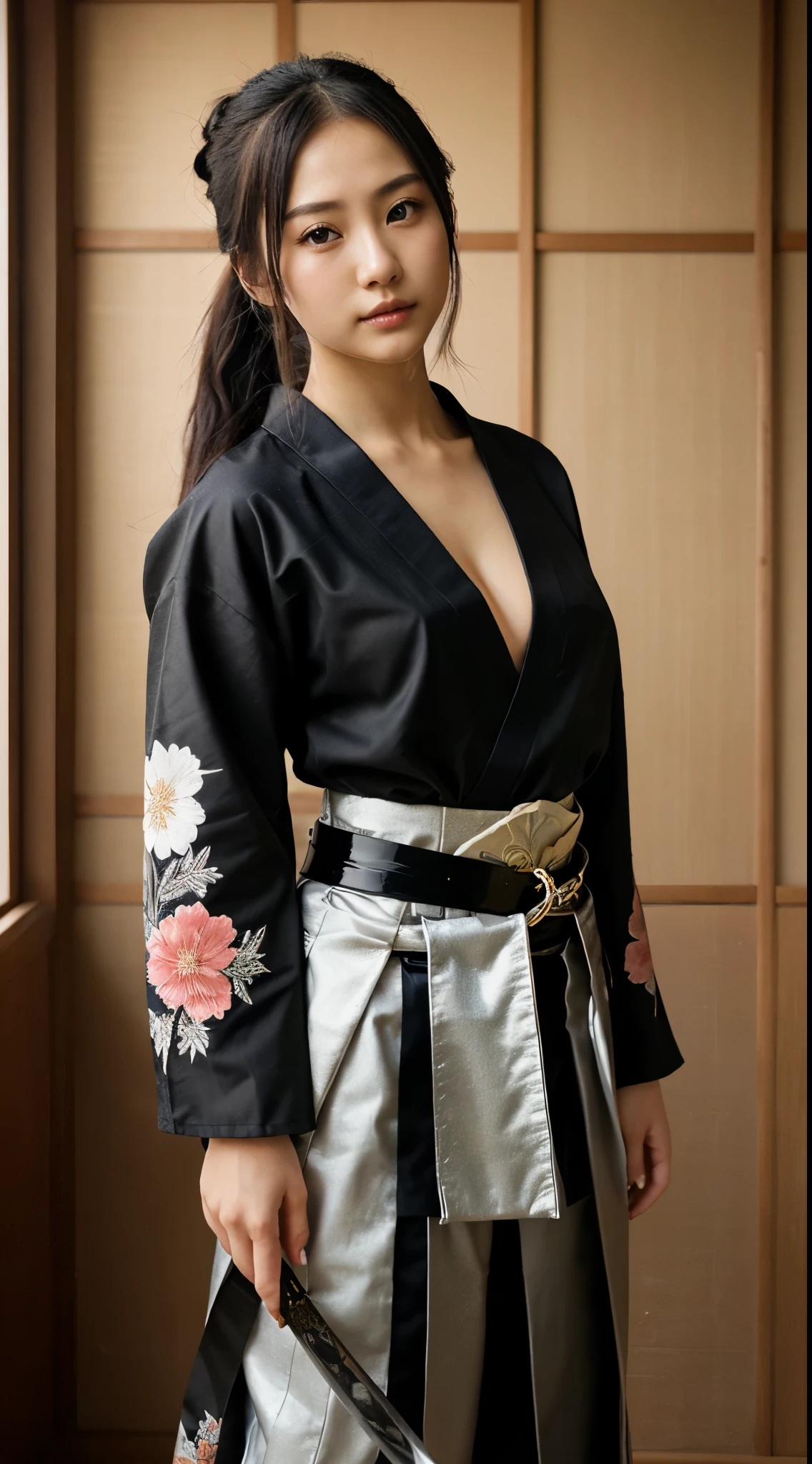 Depicted on NSFW、最high quality、high quality、best image quality、8K、最High resolution、High resolution、最high quality、masterpiece、Raw photo、realistic atmosphere、(detailed face)、(fine hands、thumb１reference４)、(beauty of japan )、very nice face、cute face、((beautiful japanese girl))、(japanese woman), ((18 year old beautiful girl))、(glossy black hair)、(straight long hair)、(ponytail)、whole body、slim style、(shiny skin)、(Fair skin, Glossy skin)、real human skin、realistic human body structure、perfect body， perfect face， perfect hands， perfect finger， perfect lips， perfect eyes，perfect teeth、perfect background， perfect atmosphere， natural soft light、photon mapping、warrior、warrior、Japanese swordsman、swordsman、((Japanese swordを持つwarrior girl))、(warrior costumeを着た女の子)、warrior girl、Japanese sword、japanese traditional、warriorの着物を着る、A woman who admired Miyamoto Musashi、A woman who admired Oda Nobunaga、A woman who admired Sengoku warlords、((鋭いJapanese swordを持つ女の子))、((Random color metallic with floral pattern(samurai clothes、Hakama with slit))、warriorとして培った戦闘技術を反映した動き、battle pose
