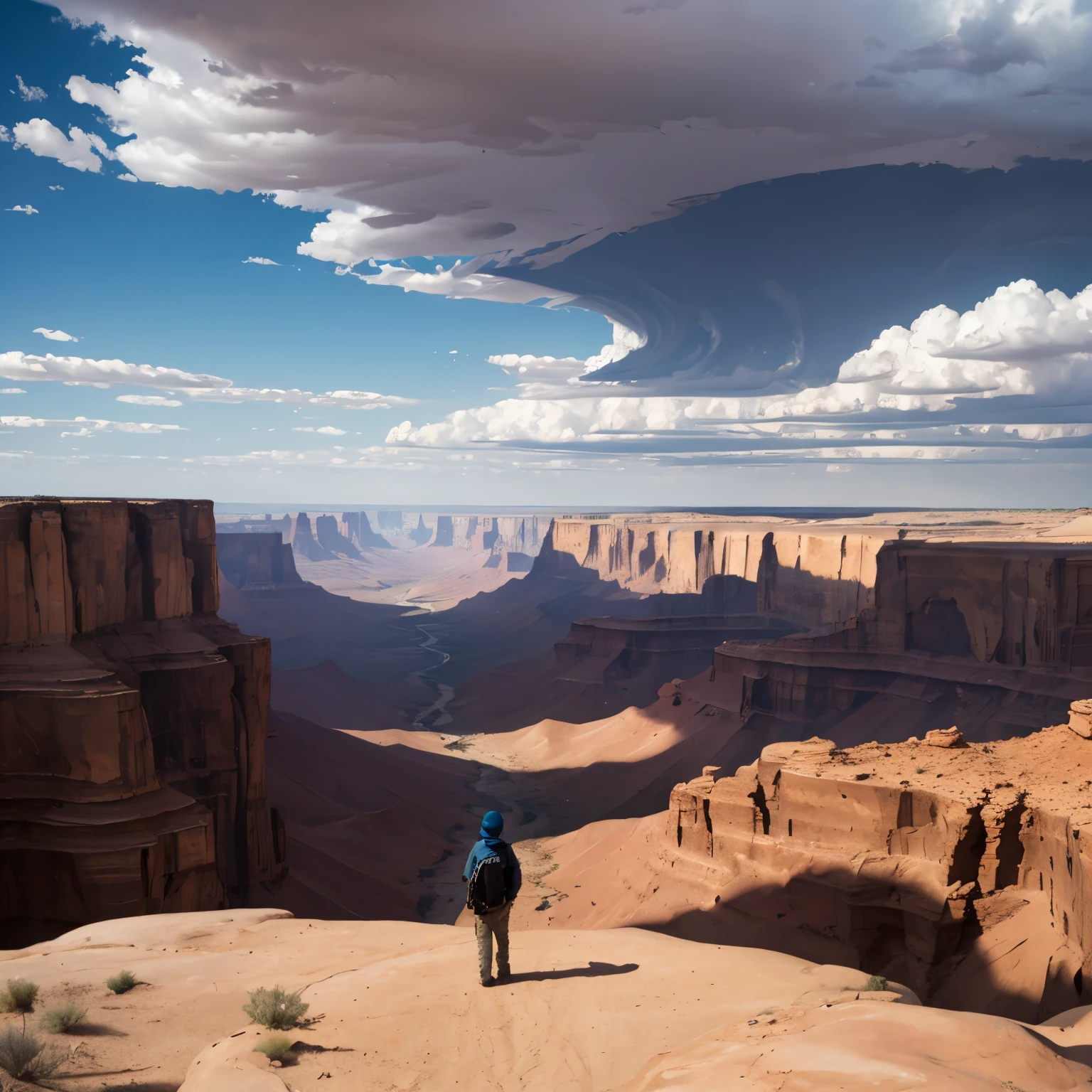 Desert canyons, lonely stranger, tornadoes in the distance,