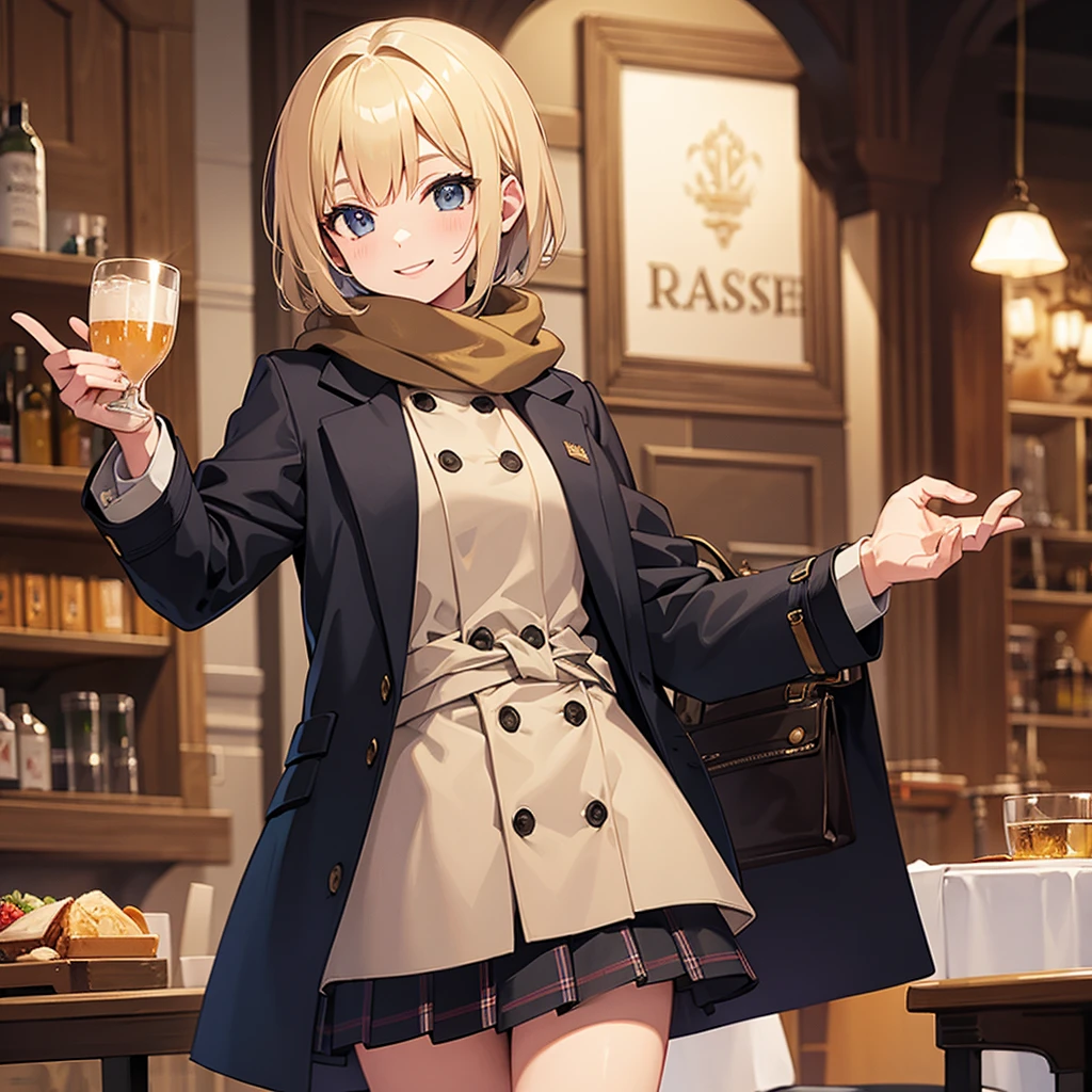 Masterpiece, solo, 1girl, smiling, scarf, coat, short skirt, short blonde hair, Italian restaurant