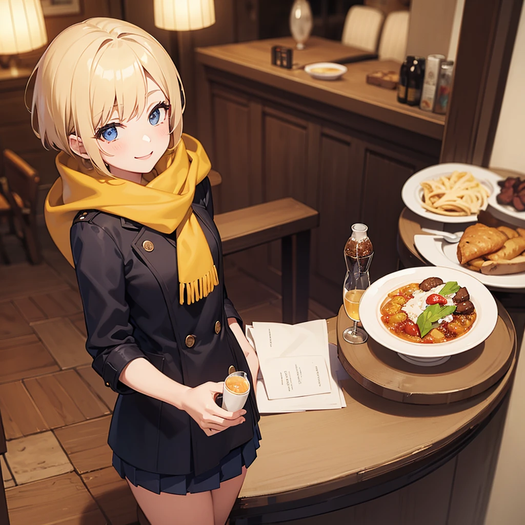 Masterpiece, solo, 1girl, smiling, scarf, coat, short skirt, short blonde hair, Italian restaurant