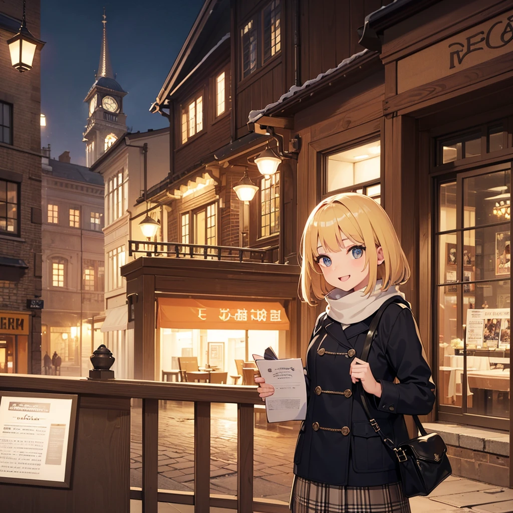 Masterpiece, solo, 1girl, smiling, scarf, coat, short skirt, short blonde hair, Italian restaurant
