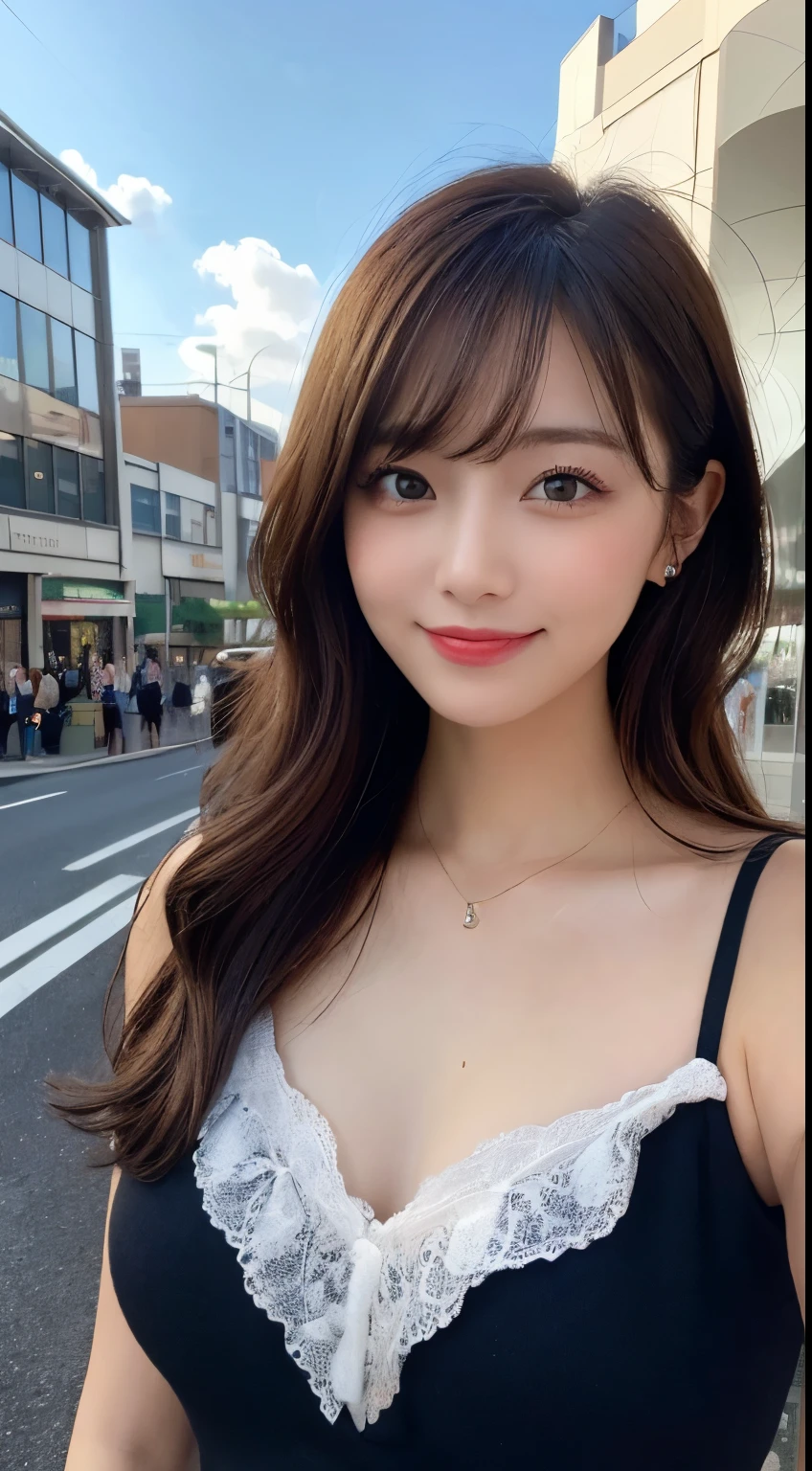 She looks happy when she sees this、casual clothes、Under the autumn sky、muste piece, best quality, illustration, Super detailed, fine details, High resolution, 8K Denden Wallpaper, perfect dynamic composition, beautiful detailed eyes, ladies fashion summer,bob hair,middle of chest, natural color lip, bold sexy pose,shy smile,Harajuku style、20 year old girl、cute type、sexy shot looking at camera