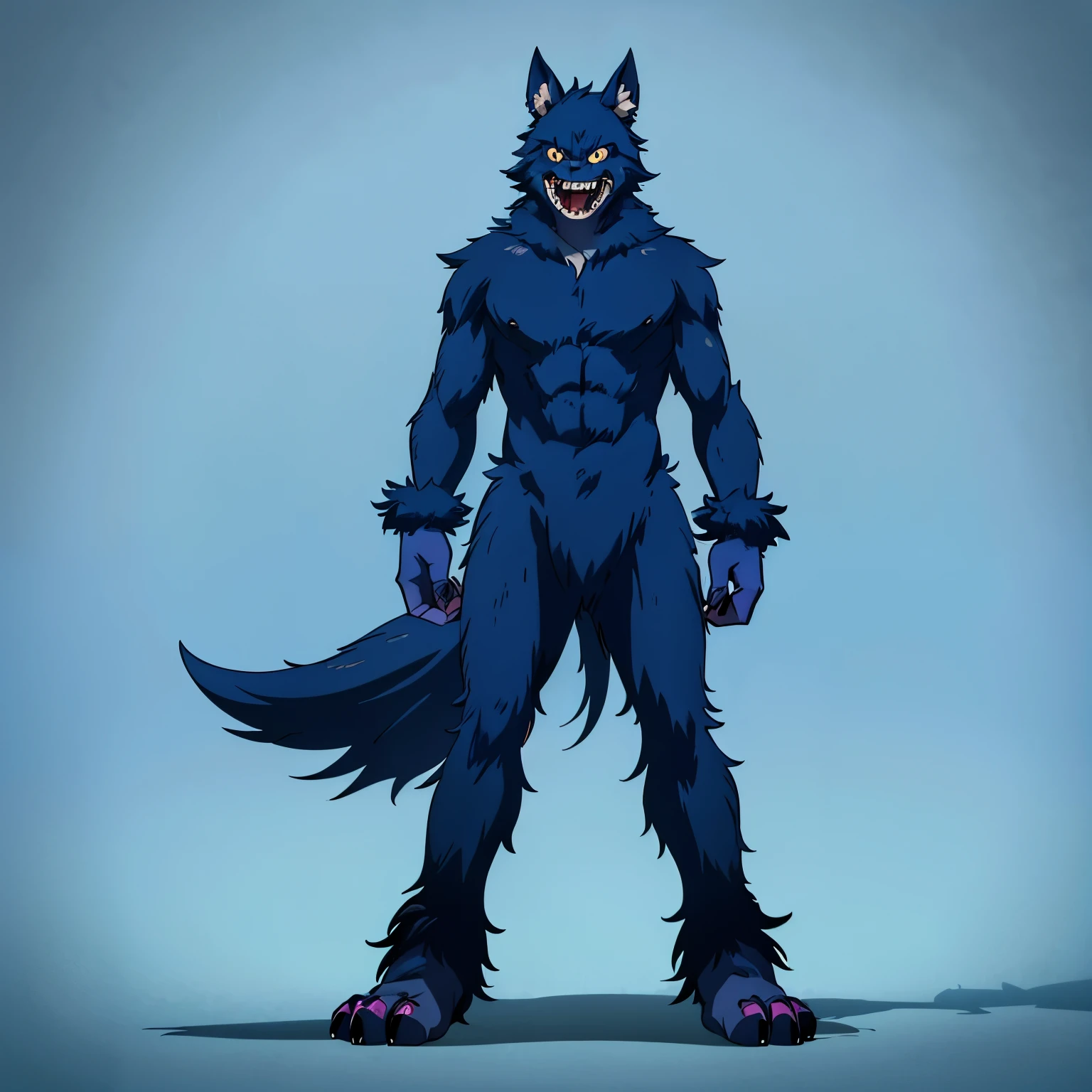 Monster dog similar to human, human dog, blue monster, hair in all of his hand, body, and feet, blue colour monster, fangs teeth, creepy, anime, anime blue monster, similar to dog, standing, solo, single