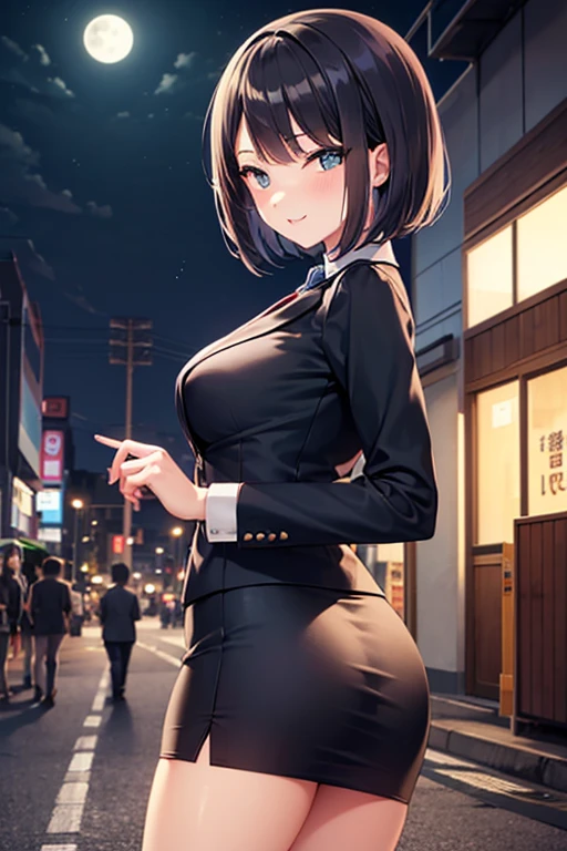 (masterpiece, highest quality), High resolution, (illustration: 1.3), Butt up,1 girl, 35 years old, mature woman, (cute:1.3), medium breasts, Black Bob Cut, (wink:1.3), Salaryman Suit, mini skirt, tokyo street, night, moonlight, cowboy shot、cum in the ass、Creampie