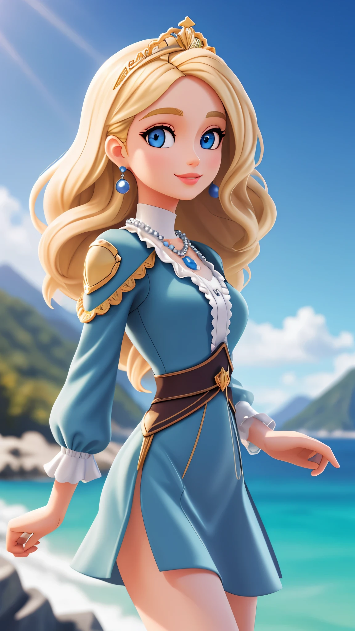 blond Barbie princess standing, Delicate detailed face, animated, detailed white skin texture, long golden hair, adorable, Clean, soft smile, glowing blue eyes, blue colored pupil, white dress, luxurious tiara, gloss, fresh flowers, landscape, ocean, mountains, pine forest, centered golden frame, center, necklaces, pearls, Disney style, high resolution, official art, unreal-engine, high dynamic range, OctaneRender, render, cinema4d, sun ray, porcelaine, looking at viewer, depth of field, from below, masterpiece, 8K, best quality, anatomically correct