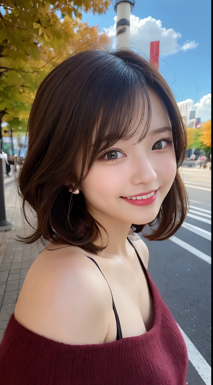 She looks happy when she sees this、casual clothes、Under the autumn sky、muste piece, best quality, illustration, Super detailed, fine details, High resolution, 8K Denden Wallpaper, perfect dynamic composition, beautiful detailed eyes, Women's Fashion Summer,bob hair,middle of chest, natural color lip, bold sexy pose,shy smile,Harajuku style、20 year old girl、cute type、sexy shot looking at camera