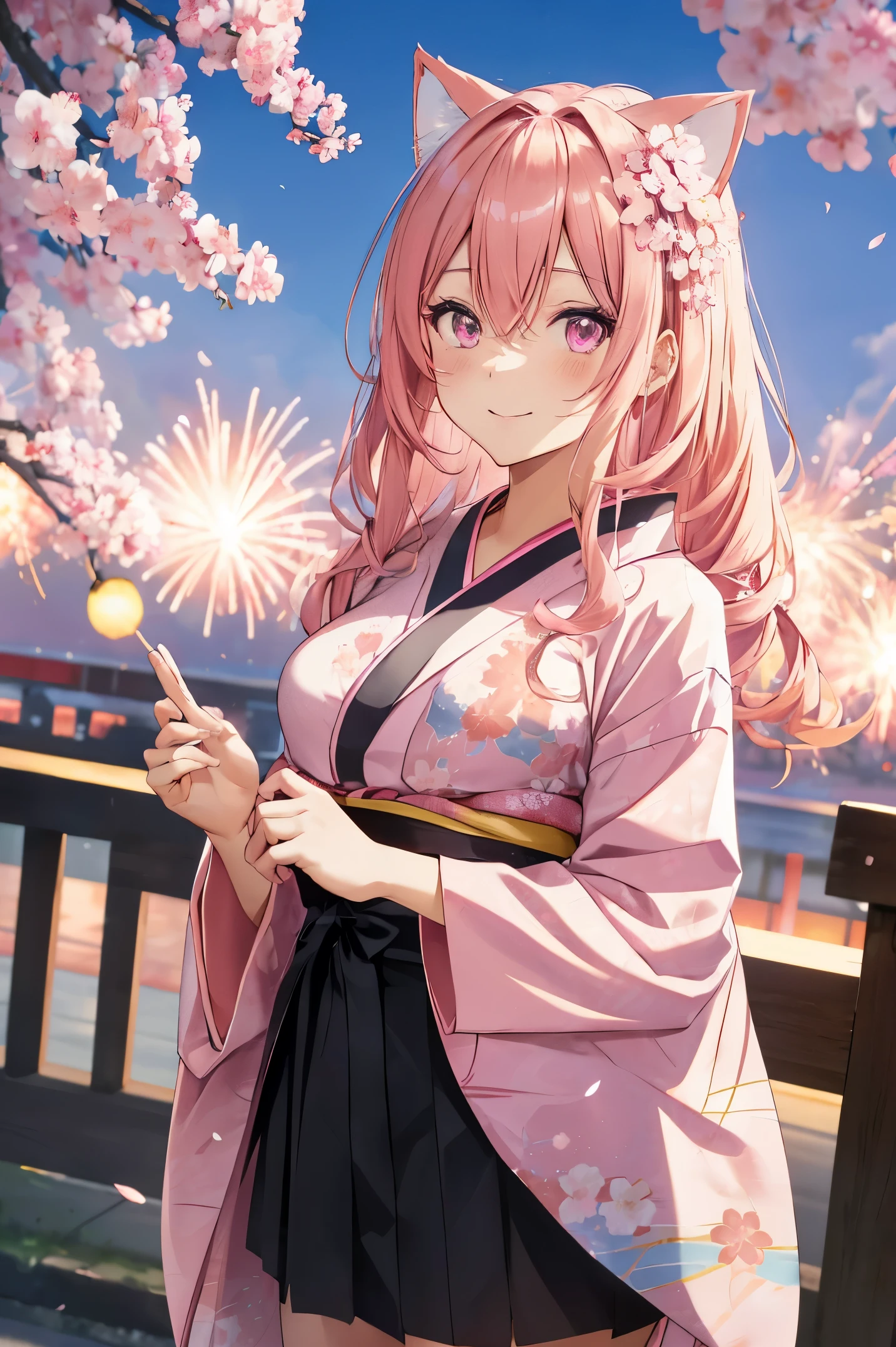 "anime girl, 1 person, pink hair, pink cat ears, pink eyes, kimono, cherry pink kimono, cherry blossom petal pattern on shirt, long stockings, big breasts, festival, New Year's Eve fireworks, watching  fireworks, night, smiled shyly,solo, looking from different directions, standing cross-legged. (full HD 4K+ image)"