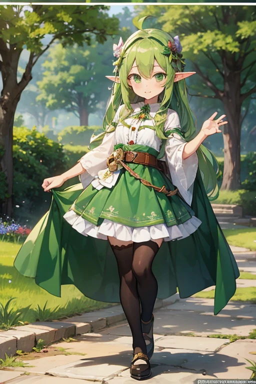Anime girl with green eyes, standing , full body , elf girl, official character art, elf girl in flower clothes, art style of Rune Factory 5, official art , simple background , druid, she has elf ears and green eyes, high detail official artwork, official character illustration, colored line art