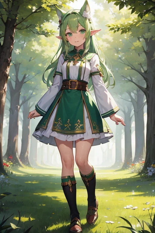 Anime girl with green eyes, standing , full body , elf girl, official character art, elf girl in flower clothes, art style of Rune Factory 5, official art , simple background , druid, she has elf ears and green eyes, high detail official artwork, official character illustration, colored line art