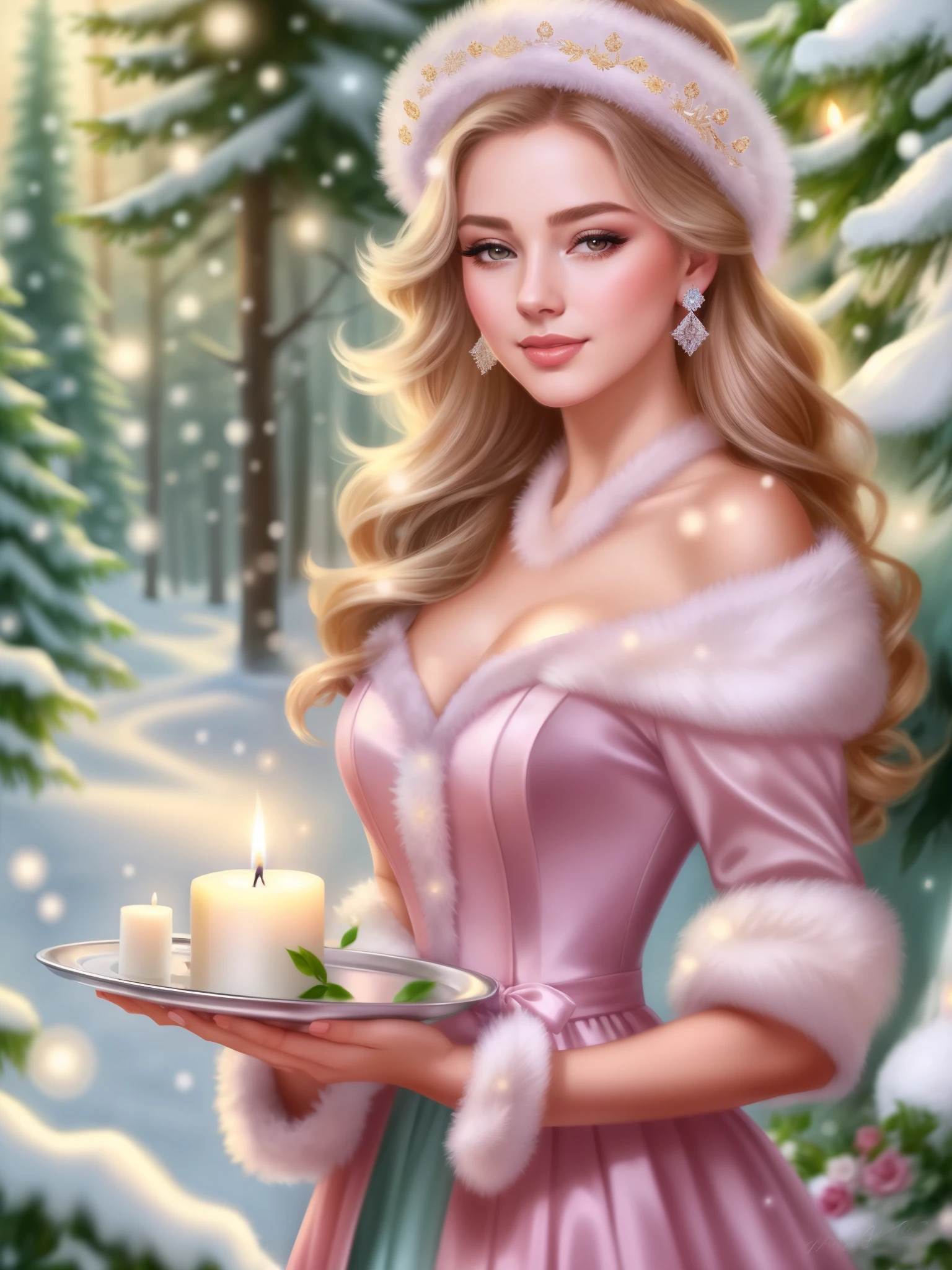 a woman in a dress holding a tray with candles in it, winter princess, digital art of an elegant, elegant digital painting, beautiful digital artwork, exquisite digital illustration, beautiful digital illustration, queen of winter, goddess of winter, beautiful character painting, trending on artstration, beautiful digital art, beautiful gorgeous digital art, gorgeous digital art, lovely woman, beautiful illustration