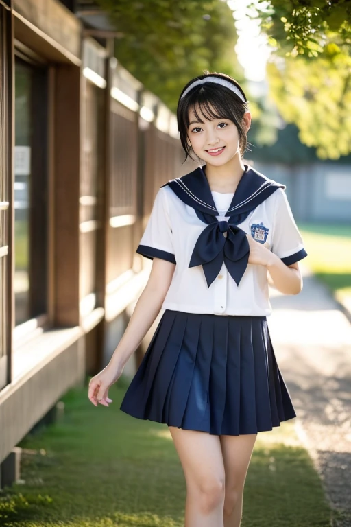 (((masterpiece))), (((full body photo))), (one beautiful japanese girl, innocence,cute) ,ultra high resolution, Reality, Super detailed, 8K,highest quality, Extremely detailed, blurry background,slender,(very beautiful japanese girl, detailed face:1.3), ((bob hair,hair band,shiny hair,black hair :1.4)), (baby face,cute系,adorable 10 year old girl,he is short), (perfect body:1.1),(cuteセーラー服、short sleeve sailor suit,navy blue pleated mini skirt),((cuteポーズ))),smile,rosy cheeks,super detailed face、detailed lip、Complex and detailed eyes、small gravure idol,transparent skin、Shining beautiful skin,lolita,no makeup,Japanese high school uniform with school emblem on the chest,(Super high resolution),(perfect limbs、perfect anatomy),Colors and landscapes of youth、premonition of love,in the long hallway of school,many students walking,in front of the classroom,indoor,The morning light is shining through the hallway window.