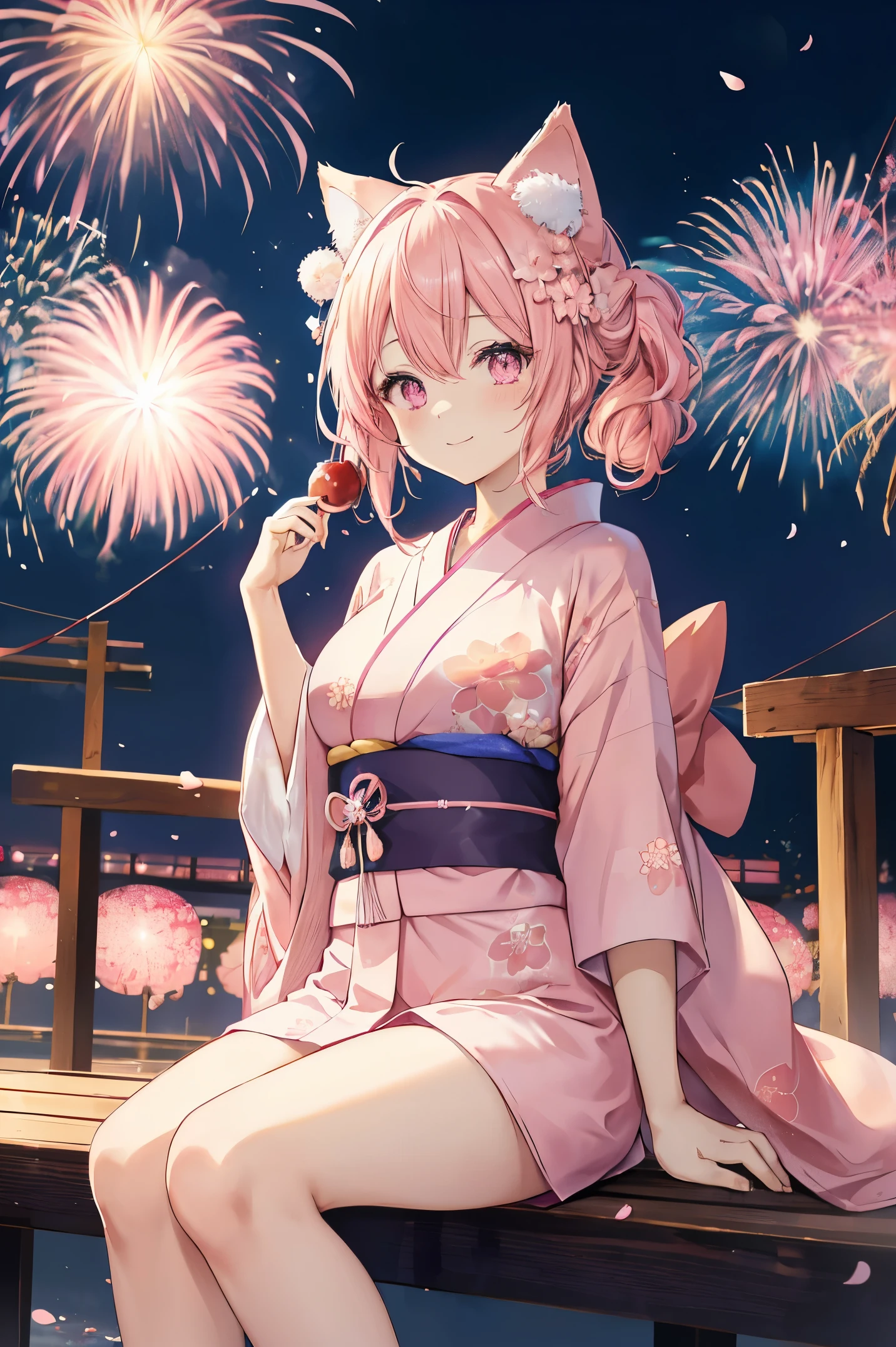 "anime girl, 1 person, pink hair, pink cat ears, pink eyes, kimono, cherry pink kimono, cherry blossom petal pattern on shirt, long stockings, big breasts, festival, New Year's Eve fireworks, watching fireworks, night, smiled shyly,solo, looking from different directions, standing cross-legged. (full HD 4K+ image)"