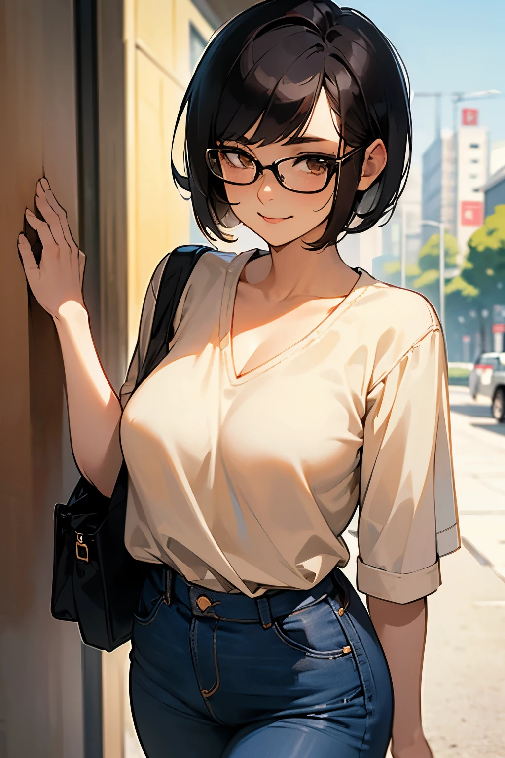 (extremely details CG, Unity, 8K Wallpapertremely delicate and beautiful), (​masterpiece), (top-quality:1.0), (超A high resolution:1.0), ((perfect proportion shot:1.0)), beautiful vibrant lighting, realistic shadow, [high resolution], round cute face, round brown eyes, soft angled brow, , shy, smile, timid, scared, ((black hair)), ((pixie bob cut very short hair)), glasses (((medium breasts size))), plumpy body shape, tokyo city street, brown pastel blouse, sky blue long jeans, ((waist up shot)))
