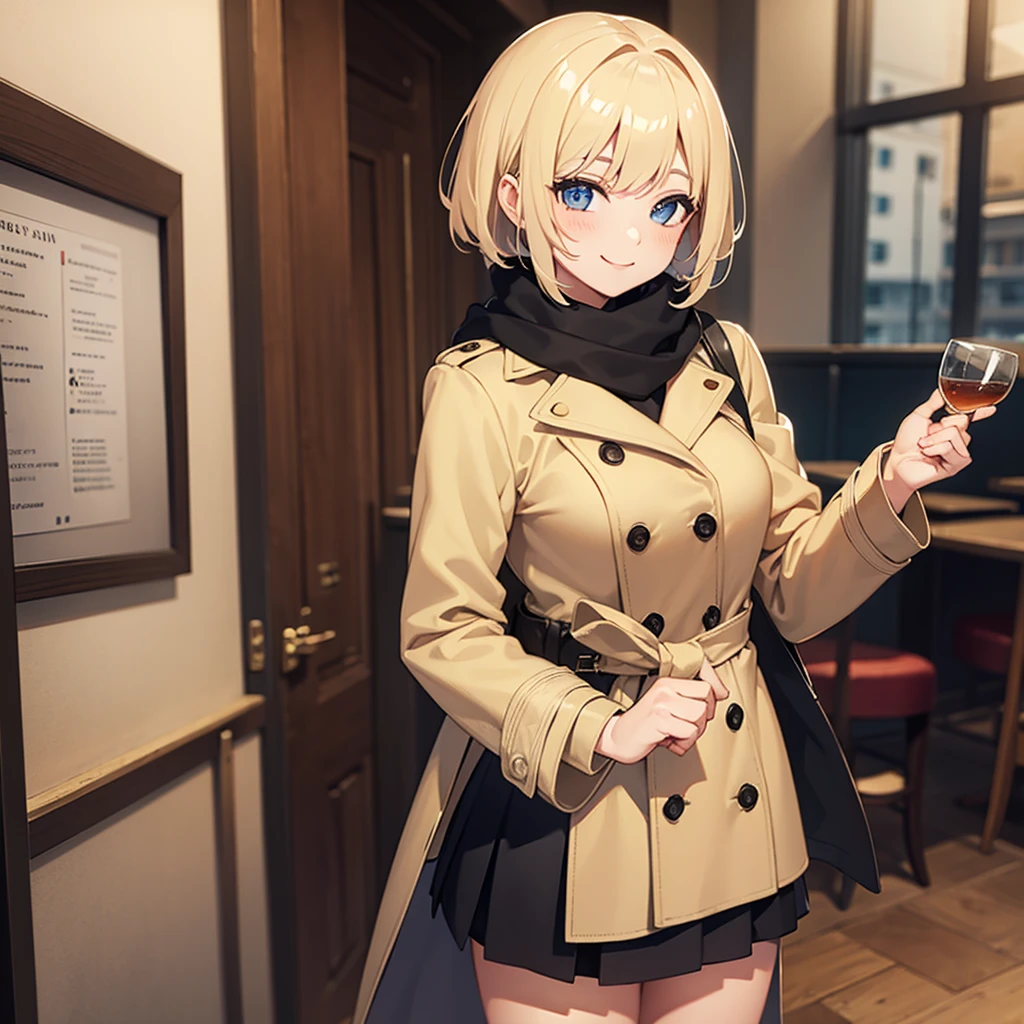 Masterpiece, solo, 1girl, smiling, scarf, coat, short skirt, short blonde hair, Italian restaurant