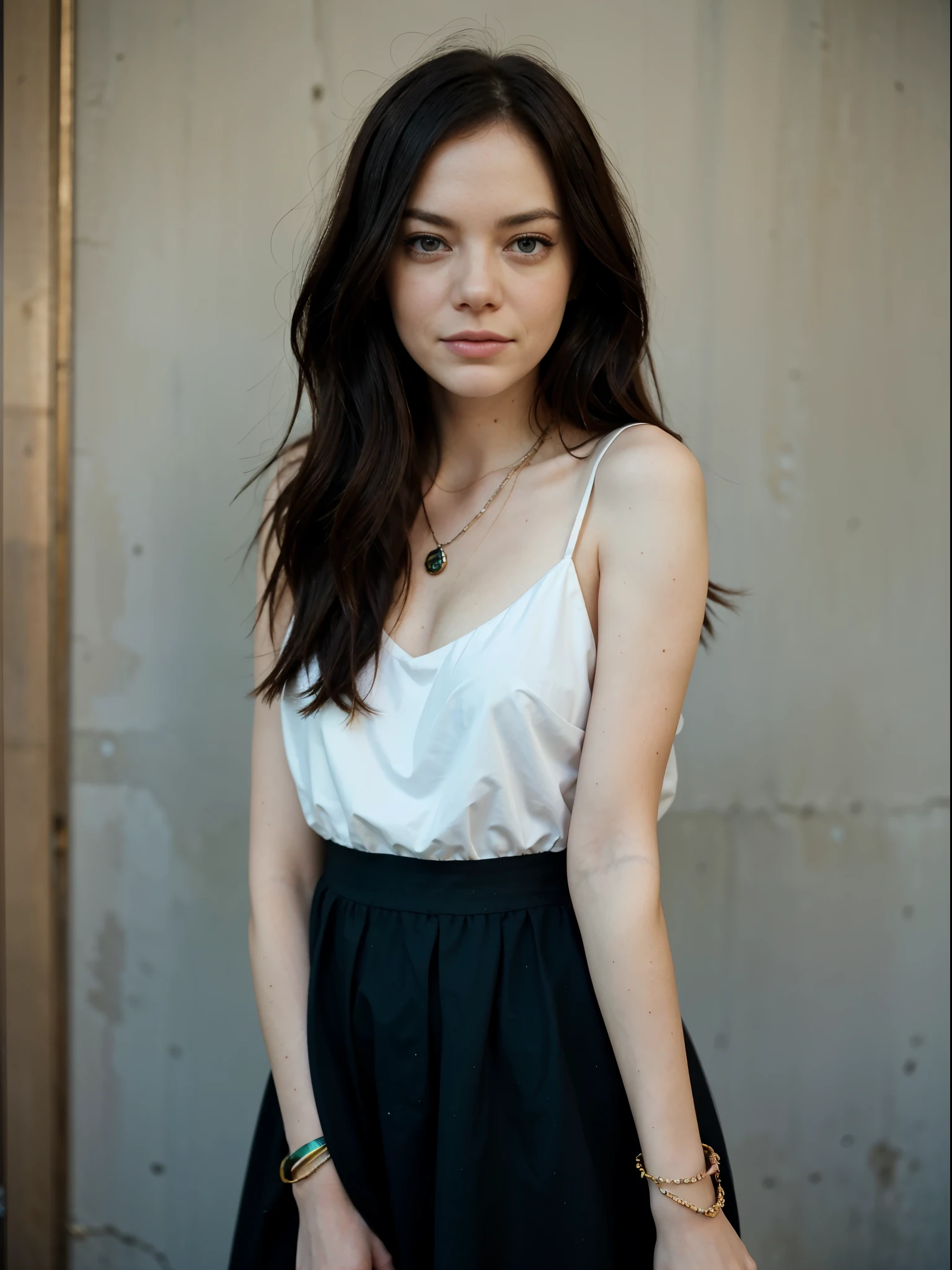 face like emma stone, long and black hair, dress, necklace, bracelet, los angeles