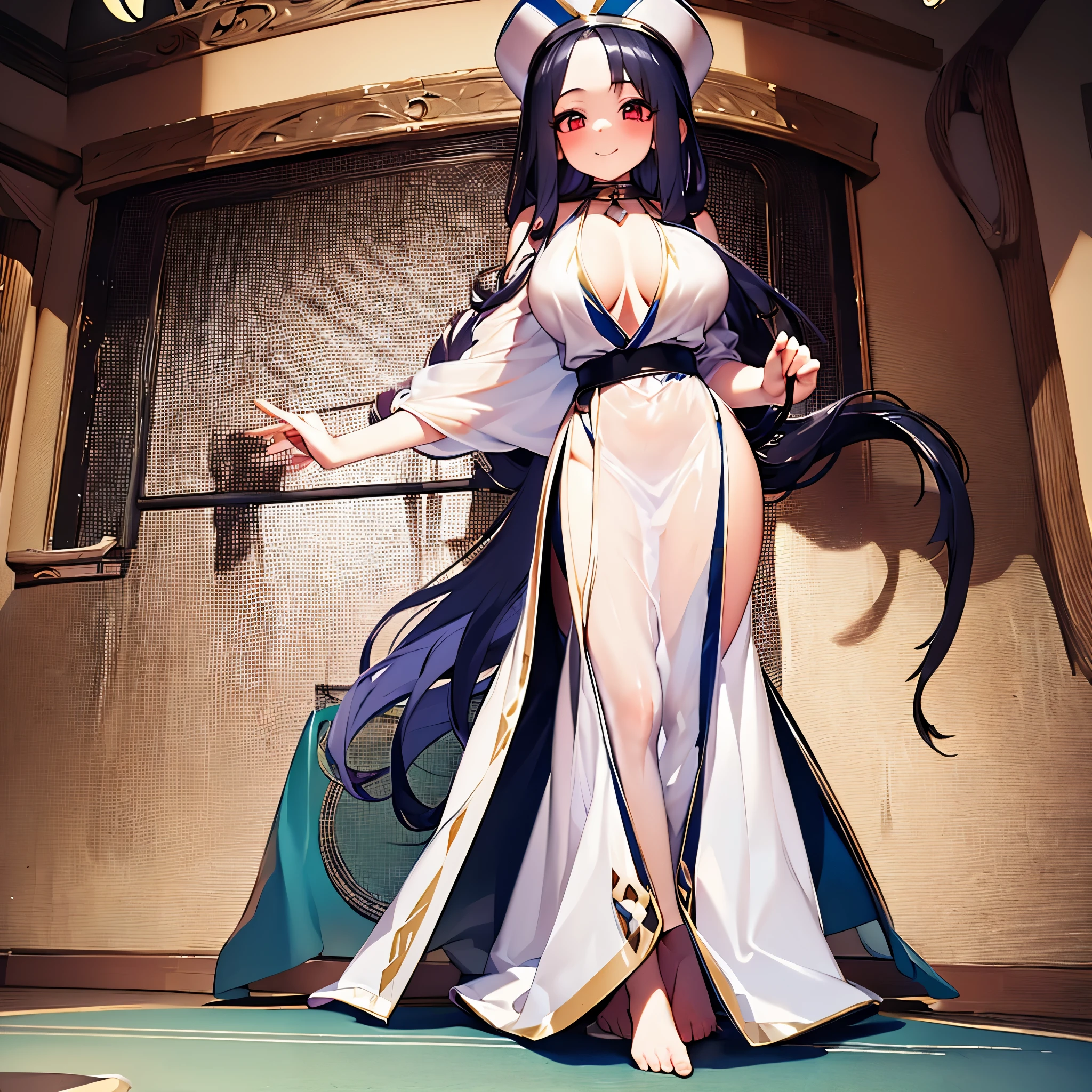 solo 1 thin girl standing, priest, (white see-through robe:1.3), large breasts, thin long legs, glowing red eyes, smile for viewer, nose blush, full body