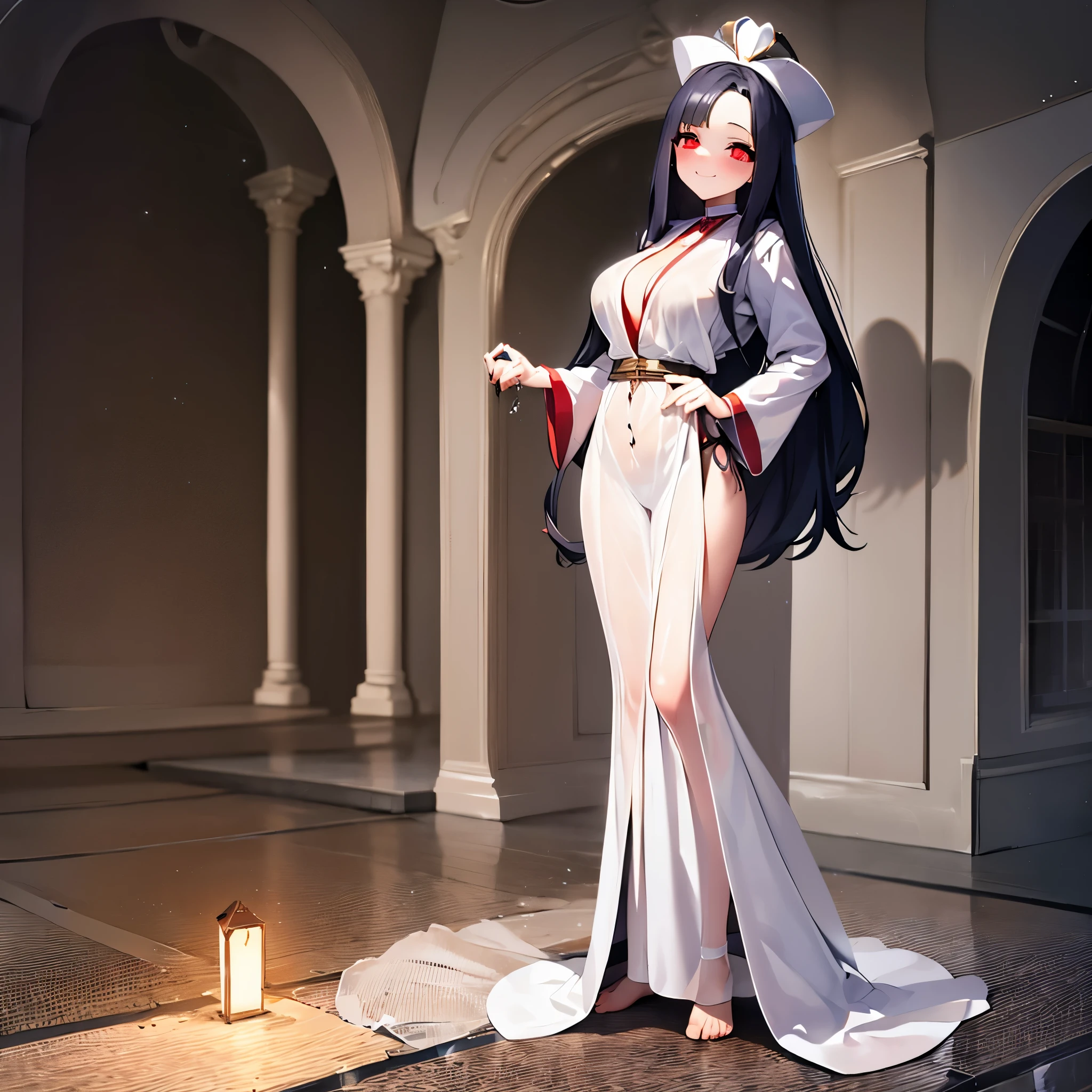 solo 1 thin girl standing, priest, (white see-through robe:1.3), large breasts, thin long legs, glowing red eyes, smile for viewer, nose blush, full body