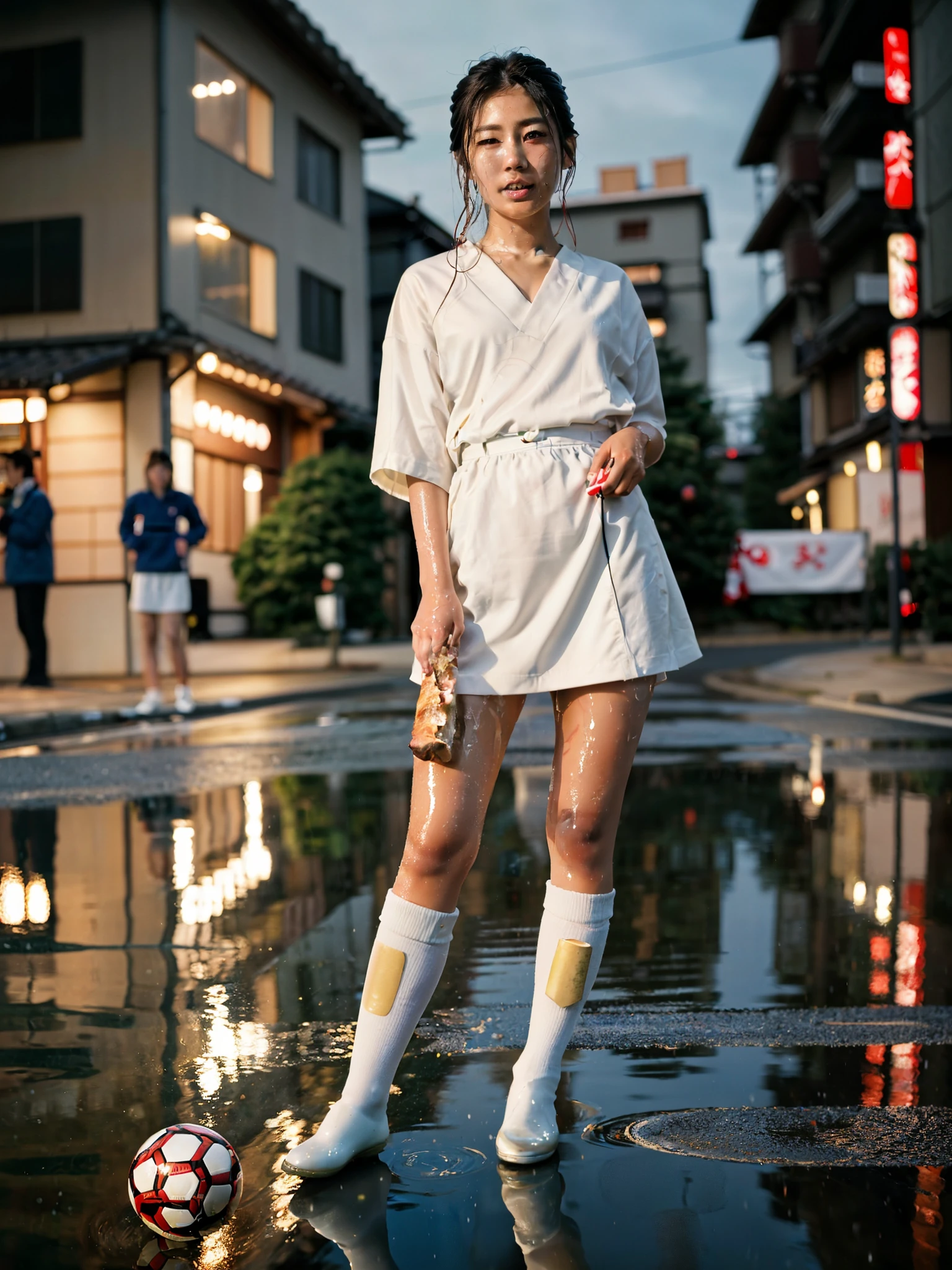 8k photo portrait of a a realistic pretty japanese girl name mika wanakashi at a christmas party holding a baguette and kicking a soccer ball in highly detailed, vibrant, production cinematic, reflections on wet street, 8k, film grain, 70mm, portra 800